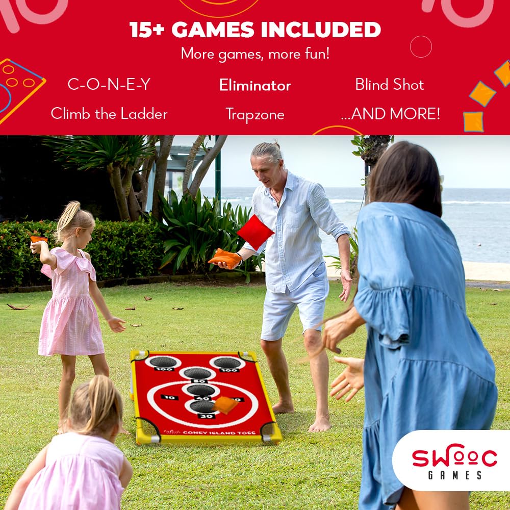 SWOOC Games - Coney Island Toss™ Arcade Style Cornhole Board Set with Carry Case & 15+ Game Variations - Premium Cornhole Game for Adults & Kids - Outdoor Bean Bag Toss Set with 8 Bags - Perfect for Backyard Parties, Tailgating, and Family Game Nights