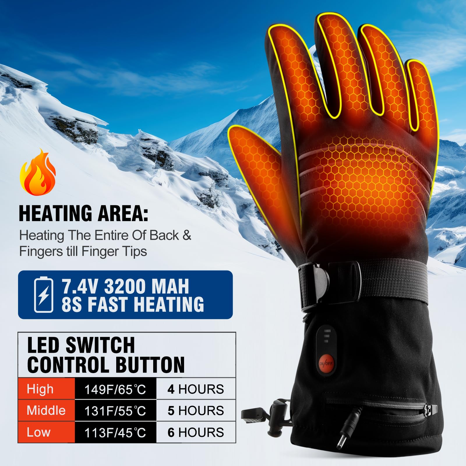 7.4V 6400mAh Electric Heated Gloves for Men & Women - 3 Heating Levels, Waterproof & Touchscreen Compatible - Ideal for Skiing, Snowboarding, Cycling, Motorcycle Riding & Outdoor Work in Cold Weather