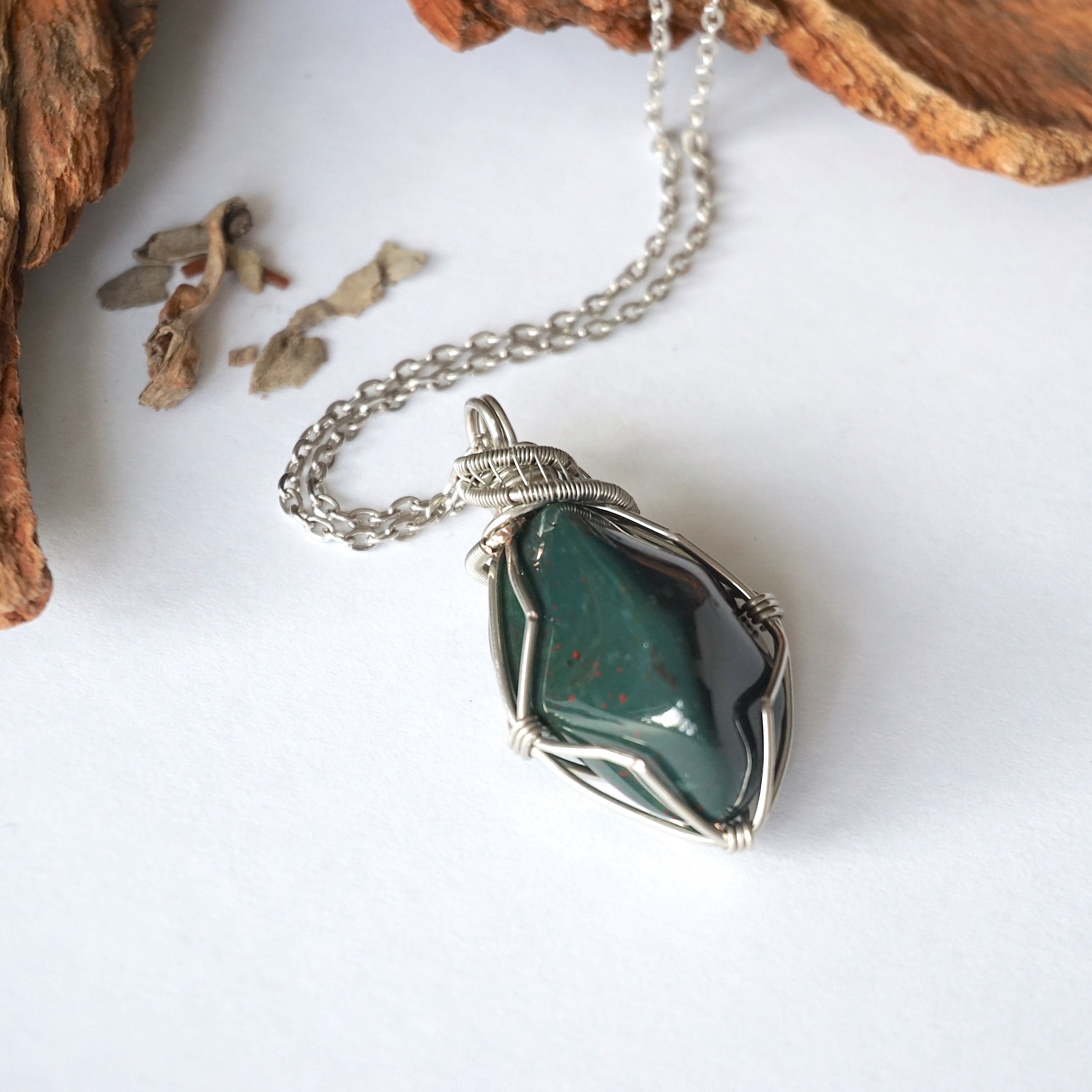 Natural Bloodstone Necklace with White Gold Plated Brass Pendant - Healing Crystal Jewelry for Women, Meditation & Energy Balancing
