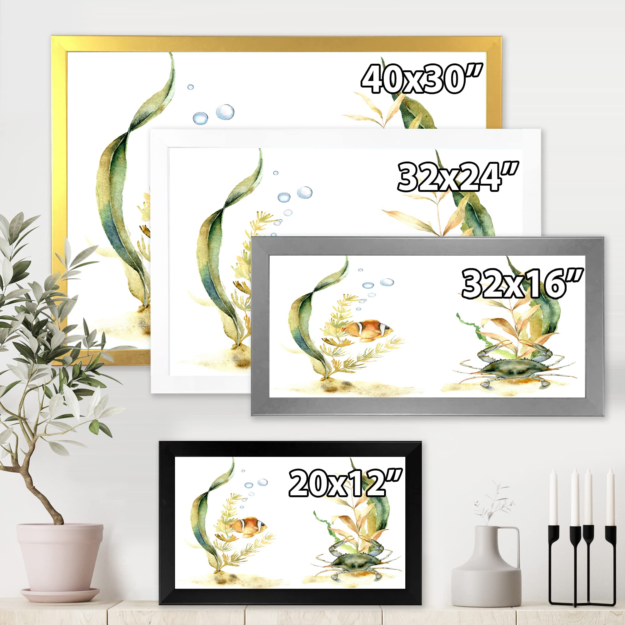 DesignQ Tropical Fish with Algae & Air Bubbles Framed Wall Art - Ocean Theme Home Decor for Living Room, Bedroom & Office