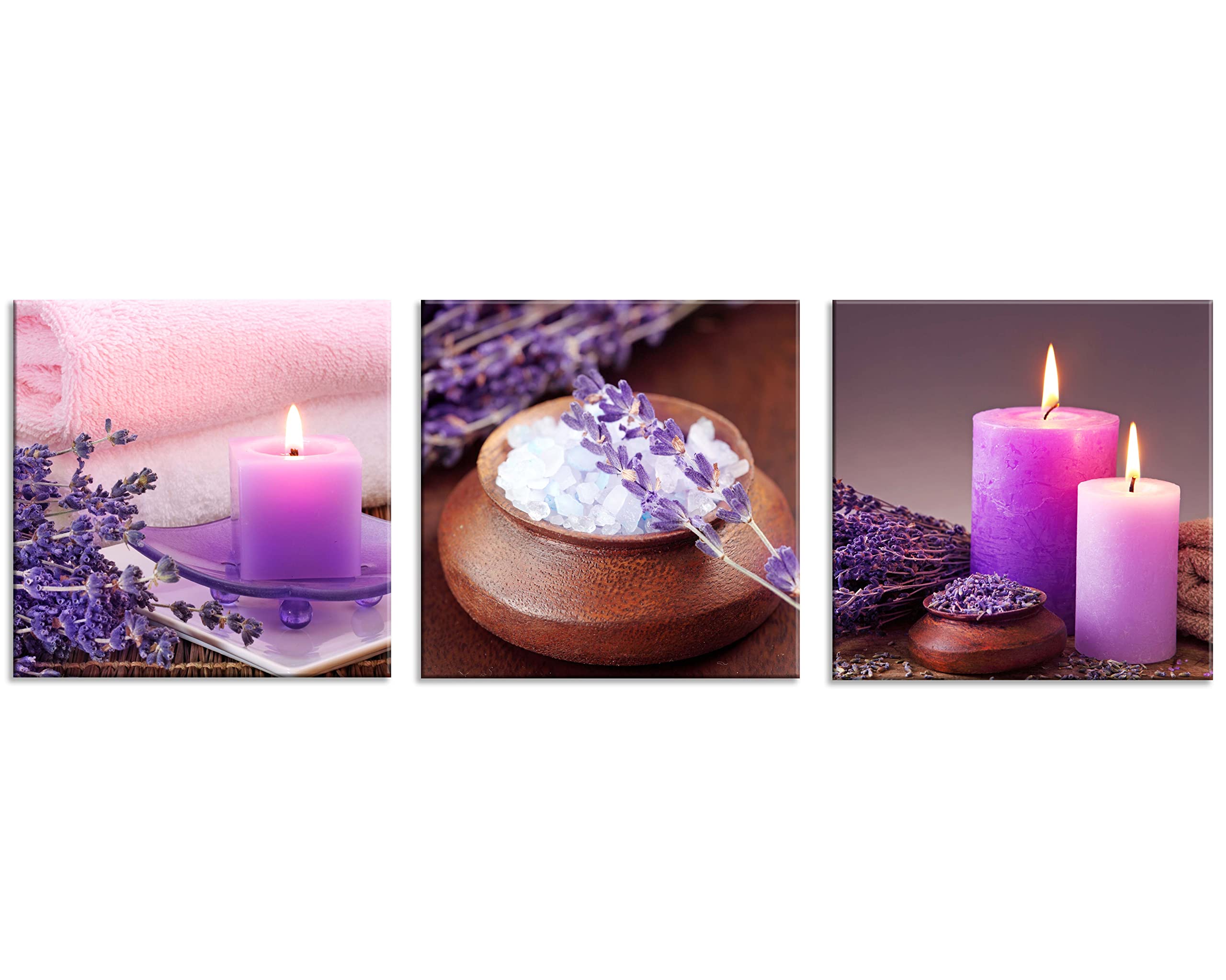 Purple Aromatherapy Candles & Zen Stone Lavender Flower Canvas Wall Art - 3 Piece 20x20 Inch Ready to Hang Bathroom Decor for Spa Relaxation, Meditation & Home Wellness Retreat
