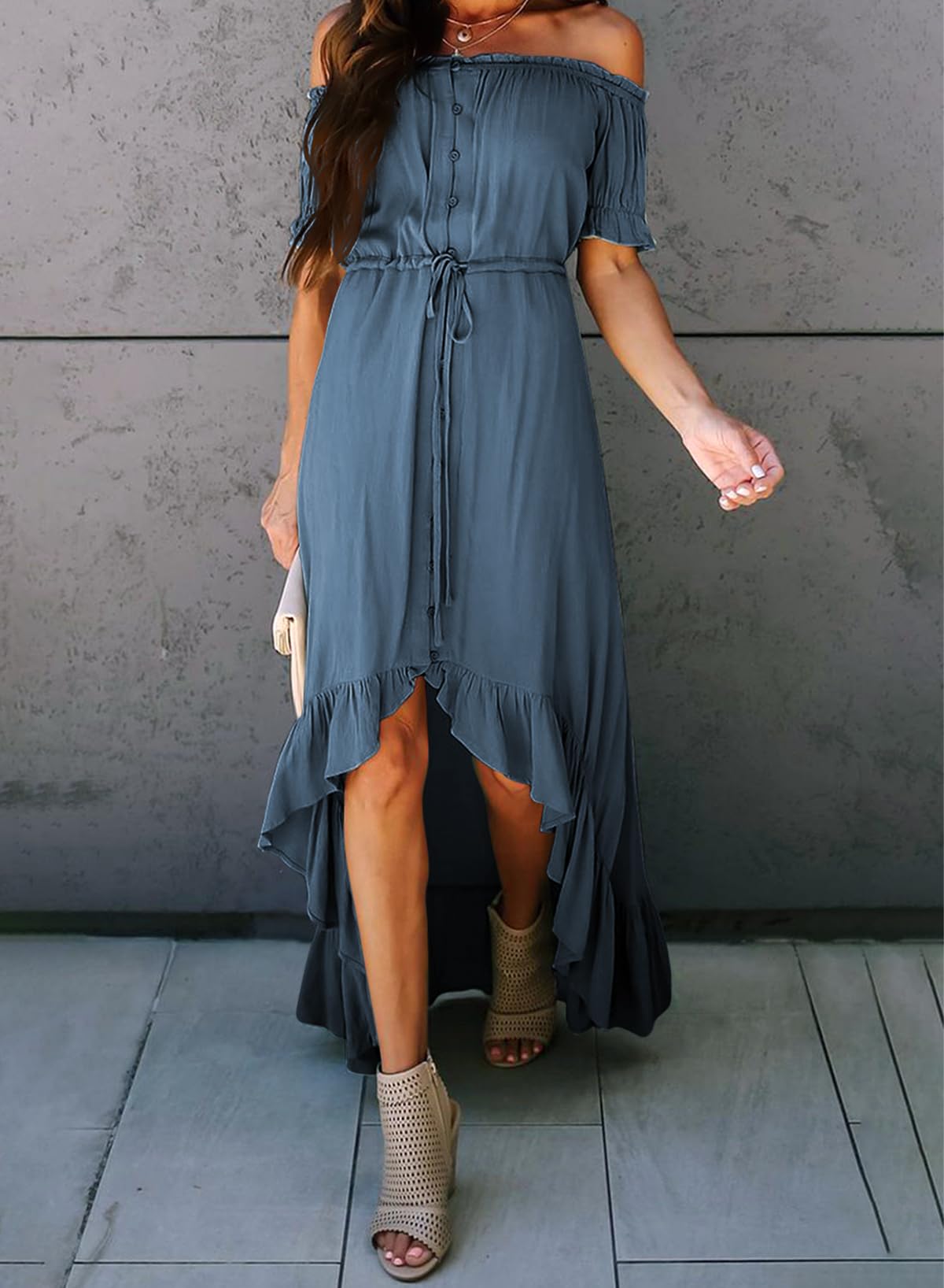 Dokotoo Women's 2025 Off Shoulder Casual Short Sleeve Maxi Dress - High Low Solid Cocktail Skater Dress for Summer Beach, Party & Vacation