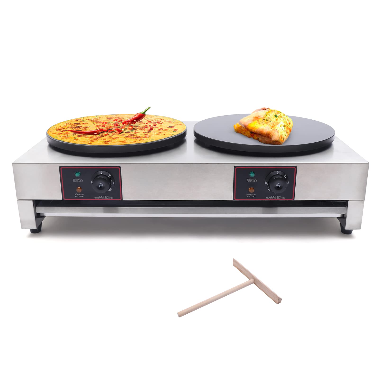 110V Commercial 16-Inch Electric Crepe Maker with Drawer Warmer - Nonstick Griddle with Adjustable Temperature for Roti, Tortilla, Eggs & BBQ - Perfect for Restaurants, Cafes & Home Kitchens (Dual Head, No Plug Included)