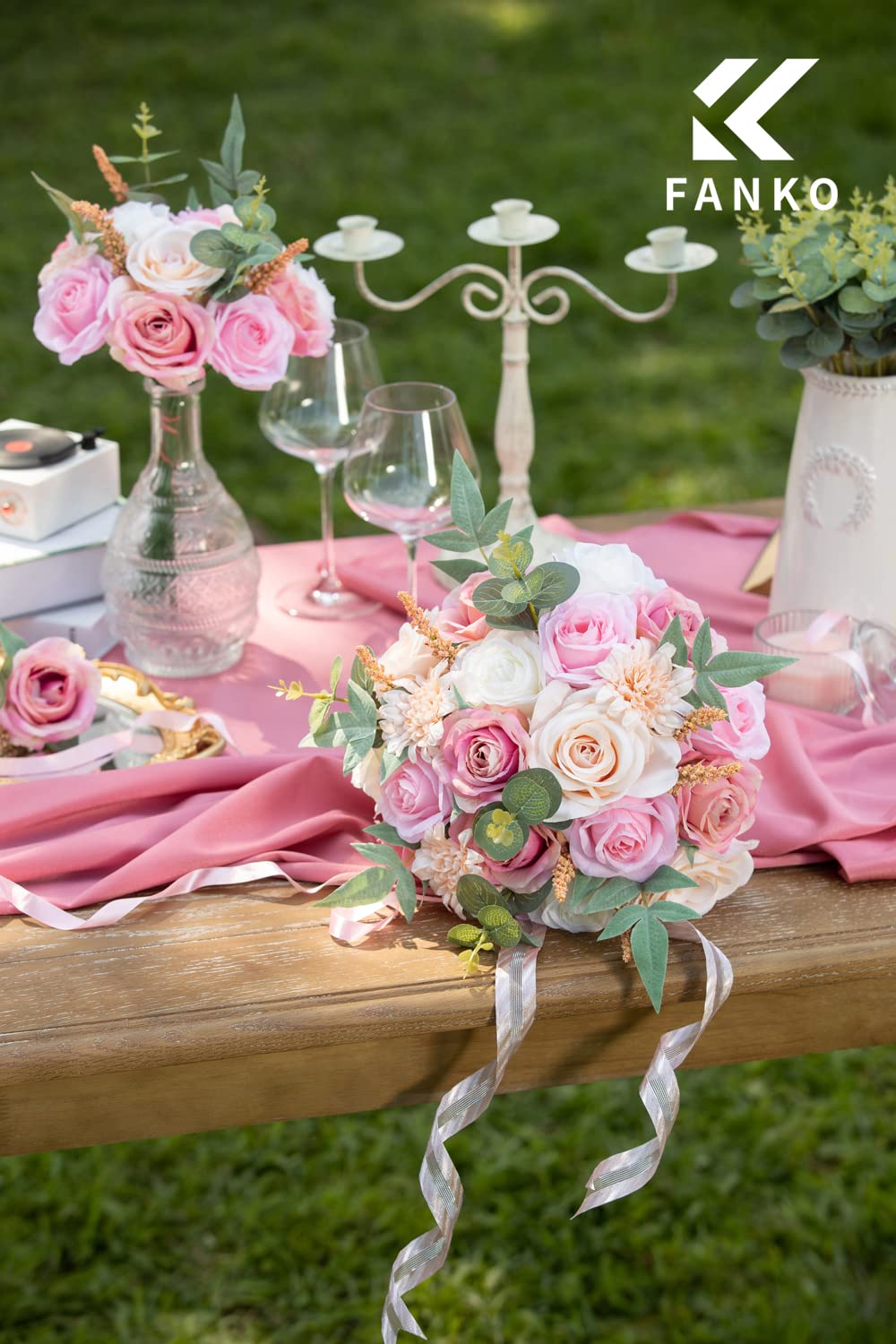 FANKO 12-Pack Artificial Silk Rose Flowers with Greenery - Realistic Fake Pink Roses for DIY Wedding Bouquets, Table Centerpieces, Party & Home Decor - Perfect for Bridal Showers, Baby Showers, and Romantic Home Decorations