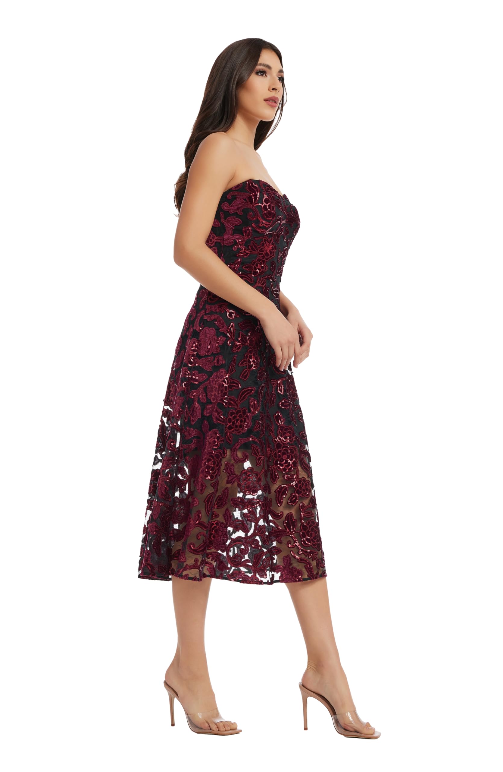 Dress the Population Women's Sadie Fit and Flare Midi Dress - Elegant A-Line Cocktail Dress for Weddings, Parties & Special Occasions