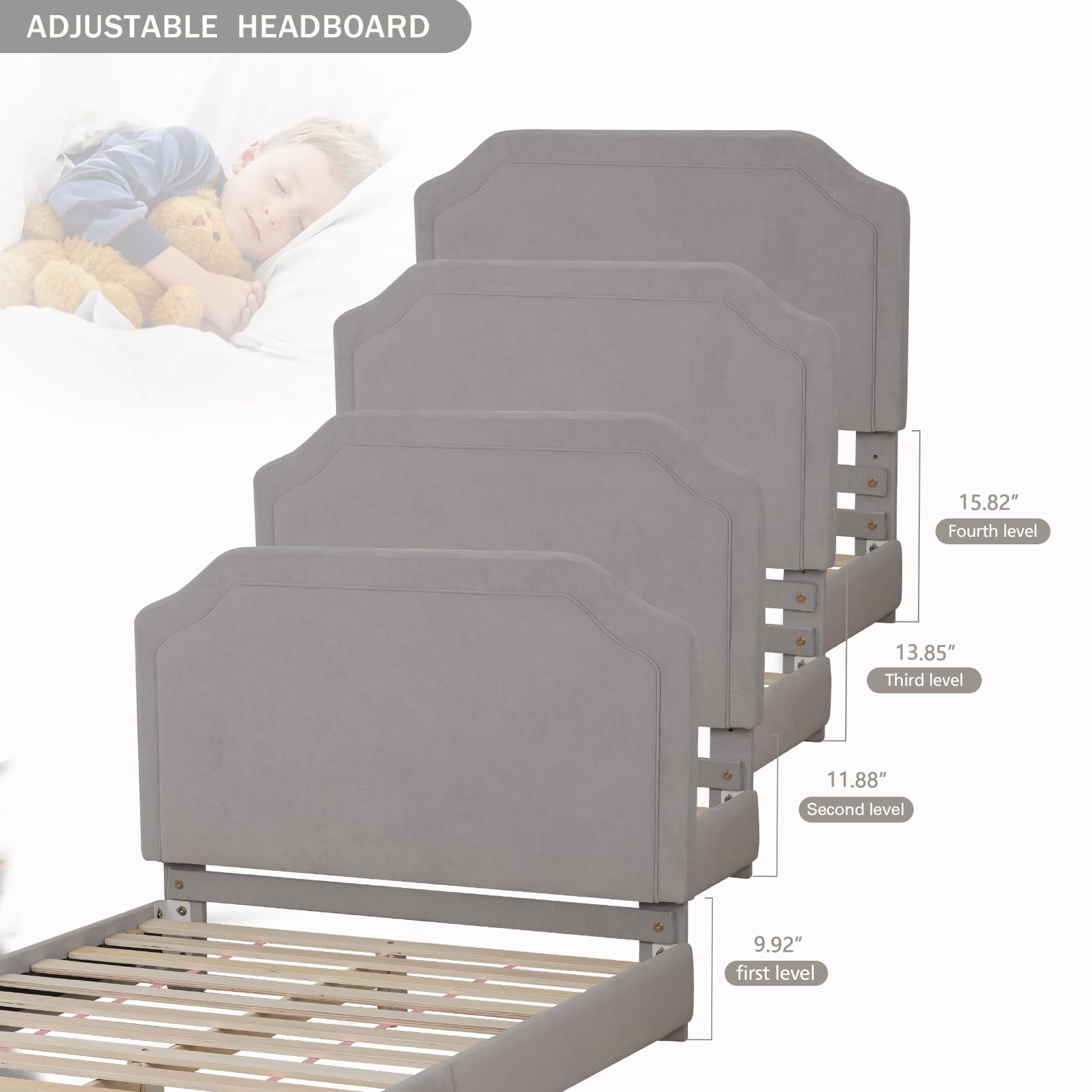 Velvet Upholstered Twin Bed Frame for Kids - Adjustable Wooden Headboard, Soft & Durable Gray Bed for Boys & Girls - Perfect for Bedrooms, Playrooms & Sleepovers