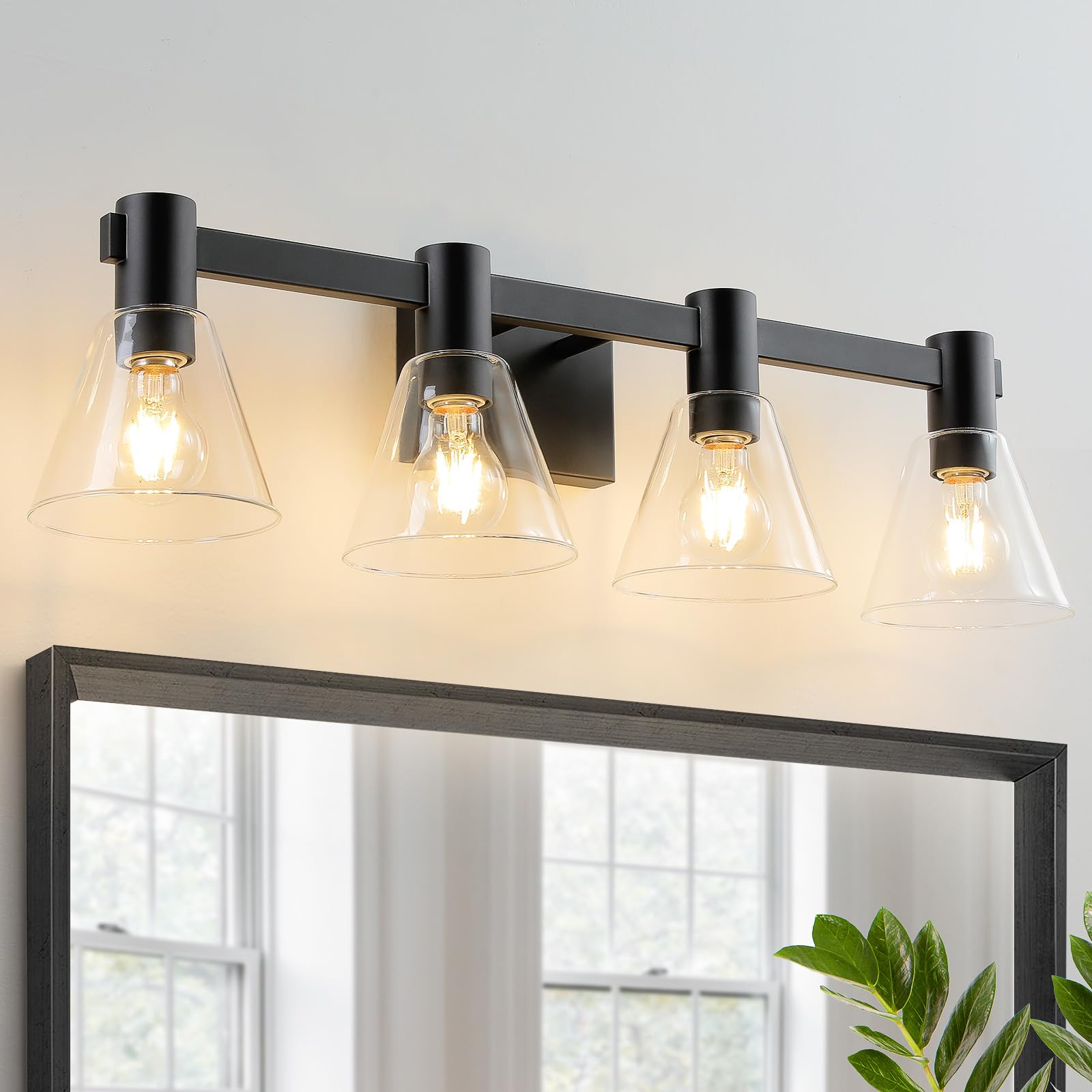 Modern Black Bathroom Vanity Light Fixture - 4-Light Wall Mounted Mirror Lighting with Clear Glass Shade for Bathroom, Hallway, Kitchen, Bedroom & Living Room - Elegant Home Decor Lighting Solution for Vanity, Dresser & Makeup Area