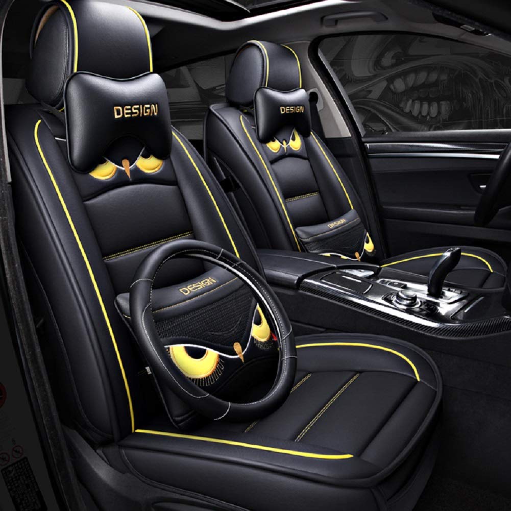 Premium OWL PU Leather Car Seat Covers Full Set (5 Seats) - Waterproof Front & Back Seat Protectors for Most Cars & SUVs | Includes 2 Lumbar Pillows, 2 Headrest Cushions & Steering Wheel Cover (Black-Yellow) | Perfect for Road Trips, Daily Commuting & Family Protection