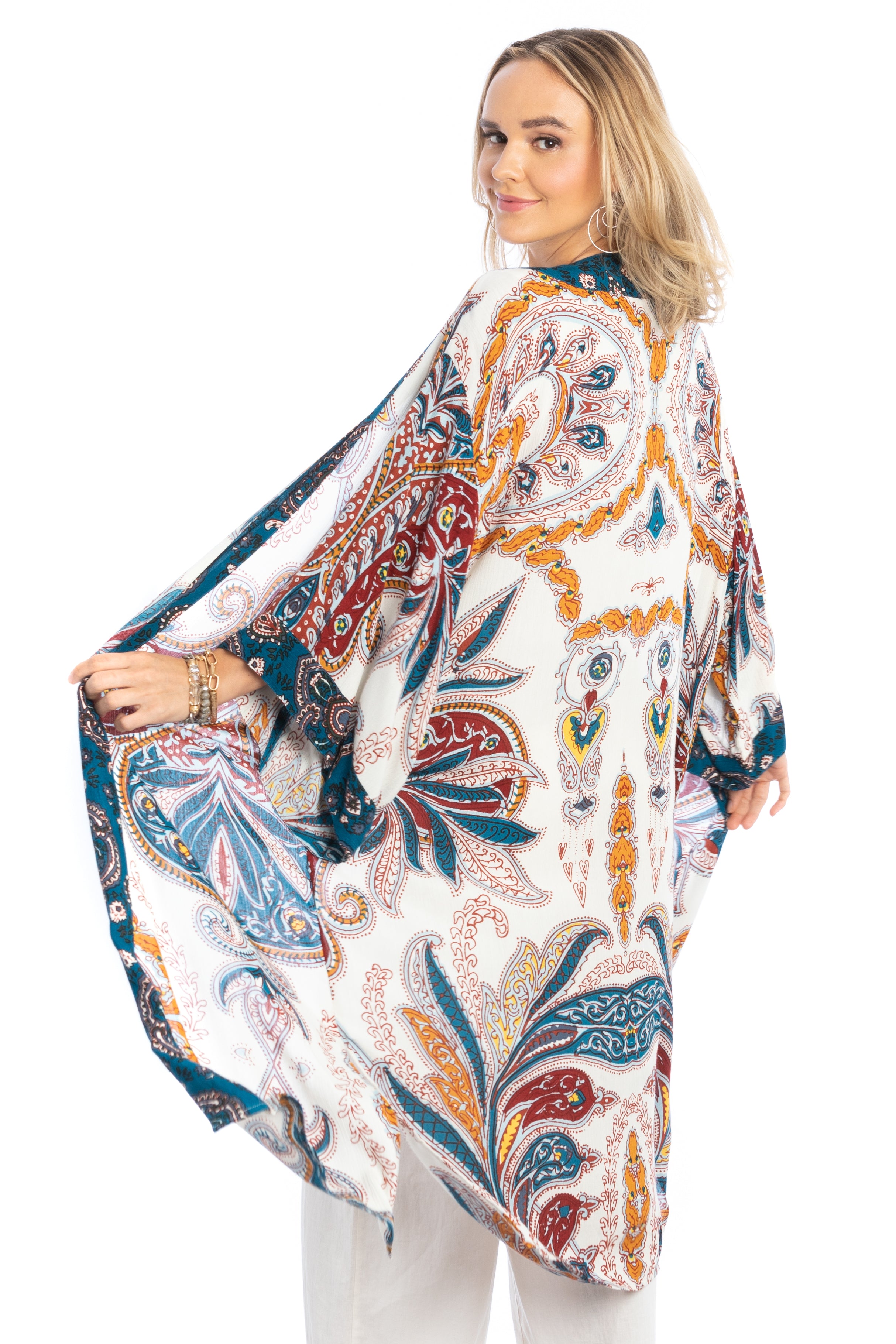 Stylish Multicolor Paisley Kimono Duster Cardigan - Lightweight Long Open Front Cover Up for Women - Perfect for Beach, Vacation & Boho Fashion