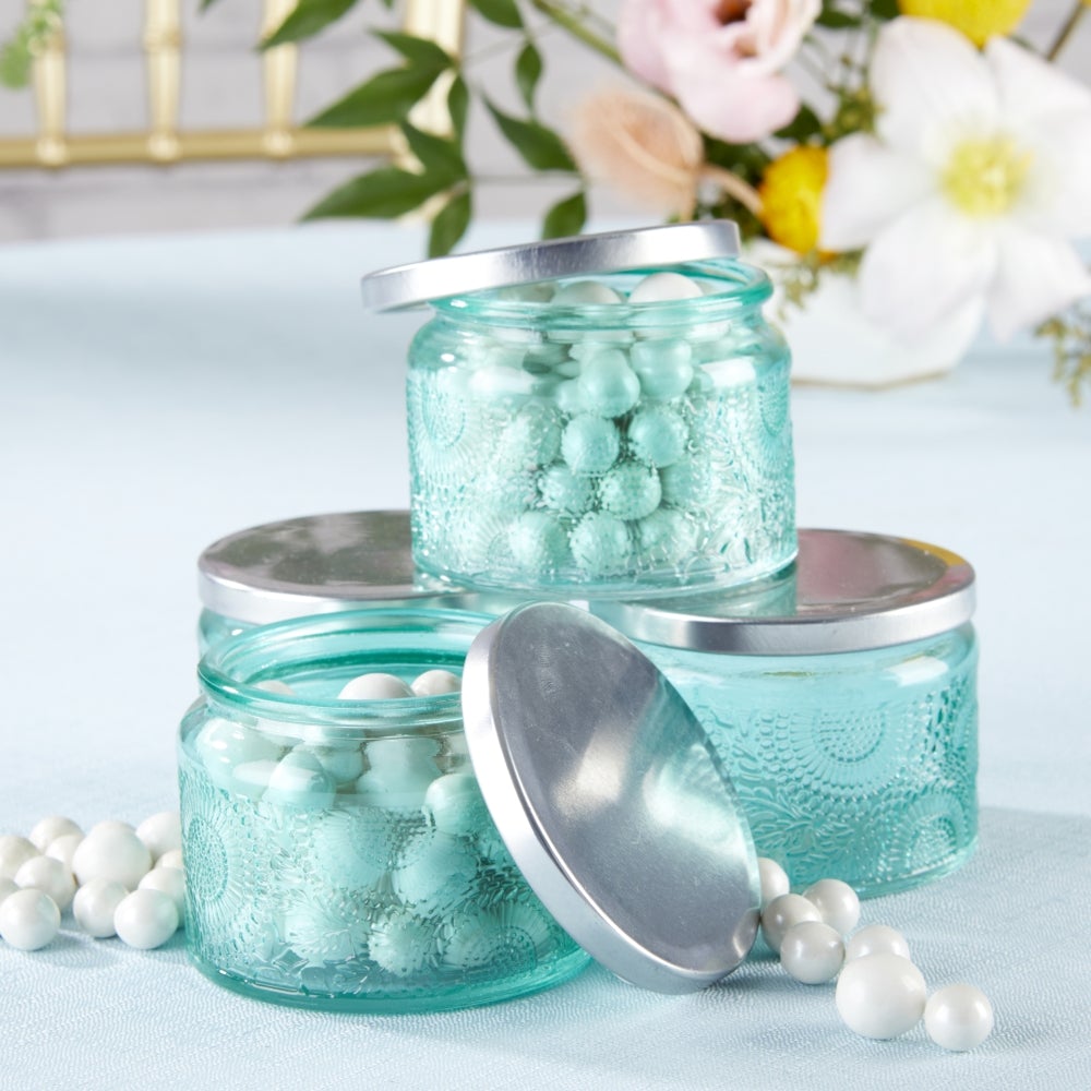 Blue Glass Tea Light Candle Holders Set of 4 - Elegant Garden Blooms Decor for Weddings, Parties & Home Ambiance