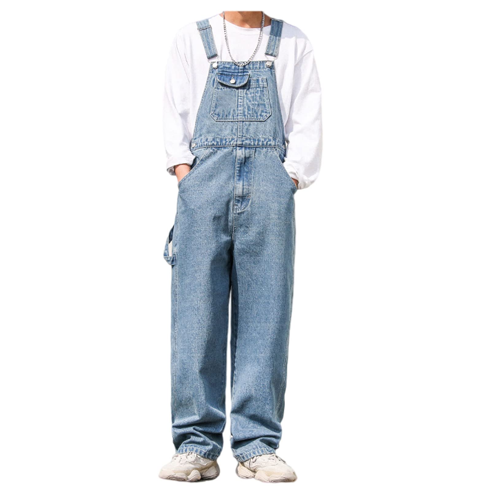 WIITON Men's Denim Bib Overalls - Stone Wash Blue Dungarees with Multiple Pockets for Workwear & Outdoor Activities - Perfect for Construction, Farming, and DIY Projects