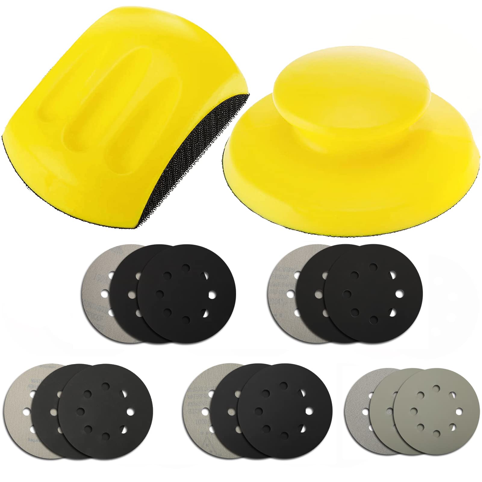 5 Inch Hand Sanding Blocks - 2 Pack Round & Mouse-Shaped Sanding Pads with 10 PCS Hook & Loop Sandpaper | Wet/Dry Wood Sanding for Furniture Restoration, Drywall, Metal Polishing & DIY Crafts | Perfect for Home Improvement & Woodworking Projects