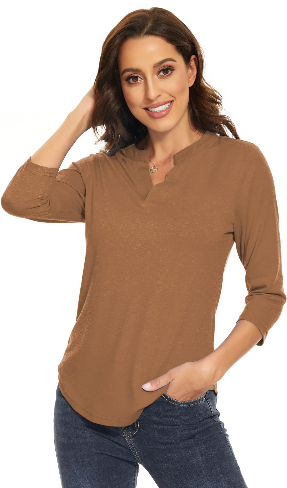 Women's 3/4 Sleeve V-Neck Collared Blouse - Professional Work Shirt Tops for Office, Business Casual & Everyday Wear