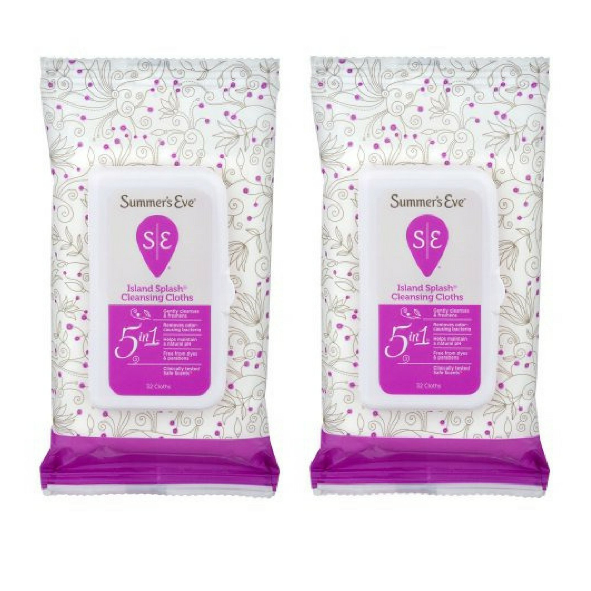 Summer's Eve 5-in-1 Cleansing Cloths for Women - Island Splash Scent, 32 Count (Pack of 2) | pH-Balanced Feminine Wipes for Freshness & Odor Control | Perfect for Travel, Gym & Daily Hygiene