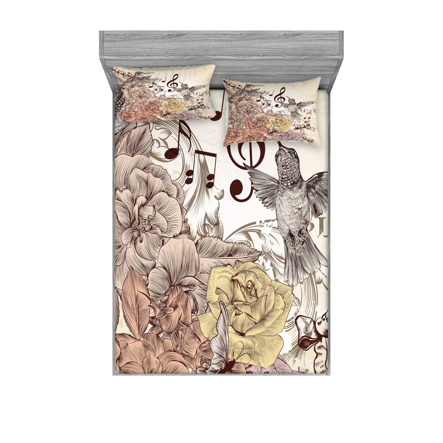 Lunarable Hummingbirds 2-Pack King Size Fitted Sheet Set with Pillow Shams - Treble Clef & Leaves Design, 4-Piece Bedding Decor in Brown Cream Yellow | Perfect for Guest Rooms, Master Bedrooms & Bohemian Home Decor