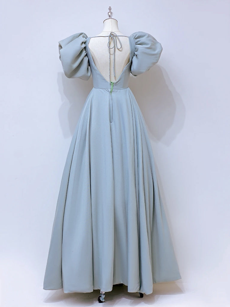 Elegant A-Line Puff Sleeve Long Blue Prom Dress with Square Neckline - Formal Evening Gown for Homecoming, Ball, and Special Occasions
