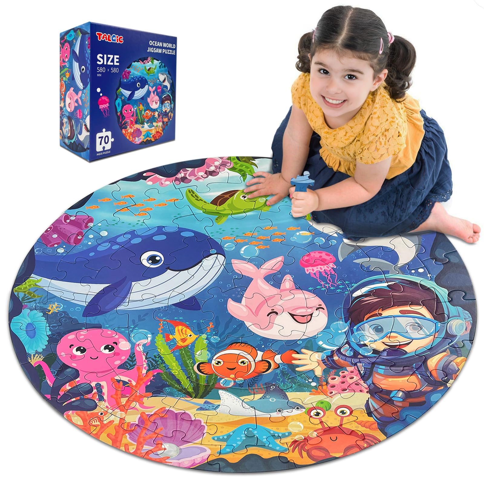 70-Piece Ocean Floor Puzzle for Kids Ages 4-8 | Large Round Educational Puzzle with Colorful Underwater World | Learning Toy for Preschool & Kindergarten | Perfect for Birthday Gifts & Classroom Activities