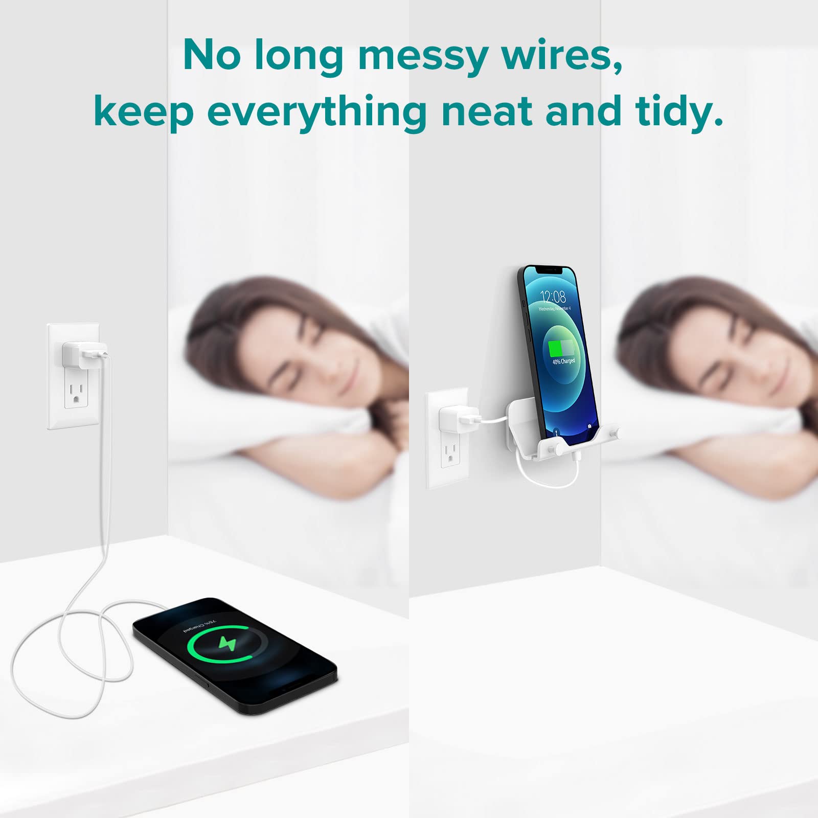 Hands Free Wall Mount Phone Holder with Adhesive Strip - Universal Compatible with All Smartphones & Mini iPads - White - Perfect for Bedroom, Living Room & Kitchen - Watch Videos, Follow Recipes & Video Chat Hands-Free