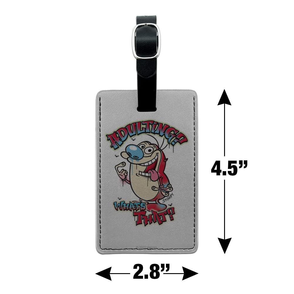Ren and Stimpy 'Adulting What's That?' Rectangle Leather Luggage Tag - Vintage Cartoon Inspired ID Card Holder for Travel Bags, Suitcases & Backpacks | Perfect Gift for 90s Nostalgia Fans
