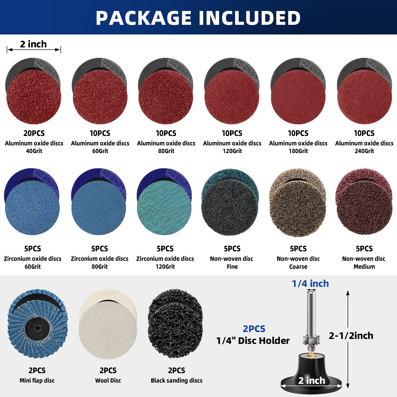 108Pcs 2 Inch Sanding Discs Set with 1/4 Inch Quick Change Holder - 60/80/120 Grit Abrasive Discs for Die Grinder, Metal Wood Surface Prep, Rust & Paint Removal, Polishing & Finishing - Perfect for DIY Projects, Automotive Repair & Woodworking