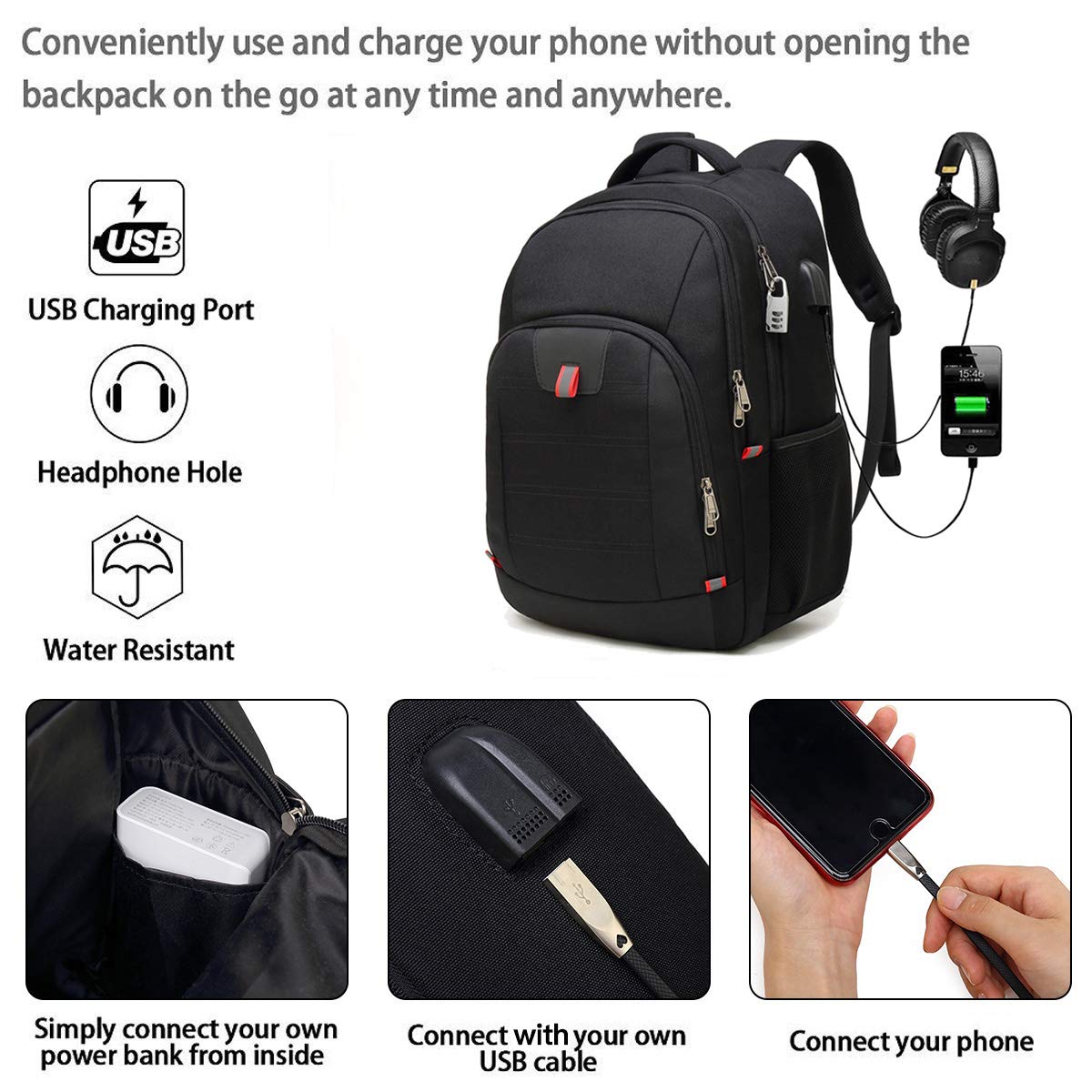 Della Gao Anti Theft Travel Laptop Backpack for Men & Women - USB Charging Port, Water Resistant, Fits 17 Inch Laptop, Large Business Computer Bag - Perfect for Work, School & Travel, Black