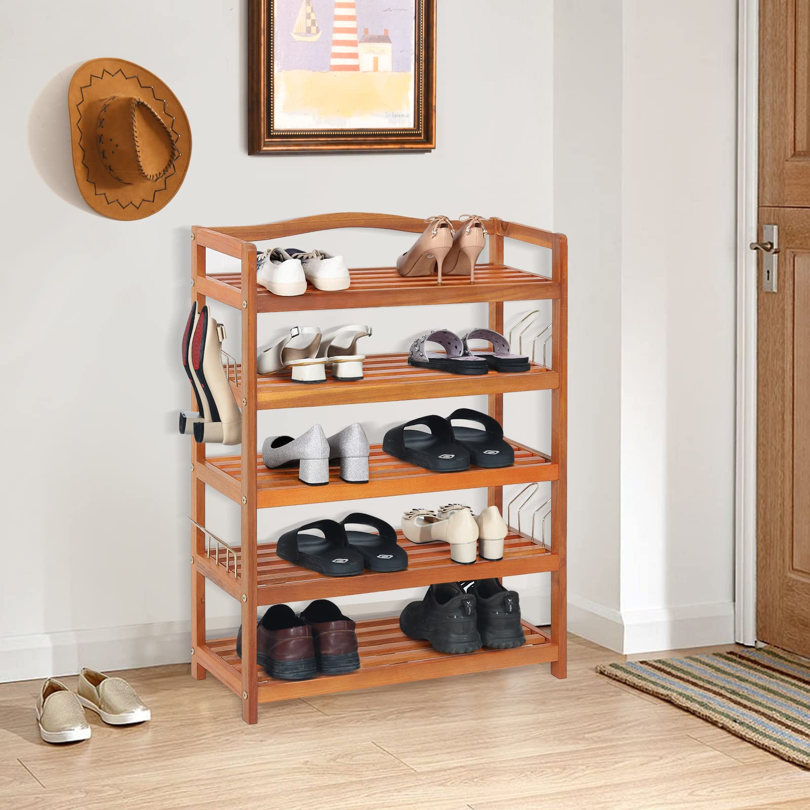 Giantex 5-Tier Acacia Wood Shoe Rack with Metal Hooks - Holds 12-18 Pairs of Shoes - Sturdy Shoe Organizer & Storage Shelf for Entryway, Hallway or Closet (25