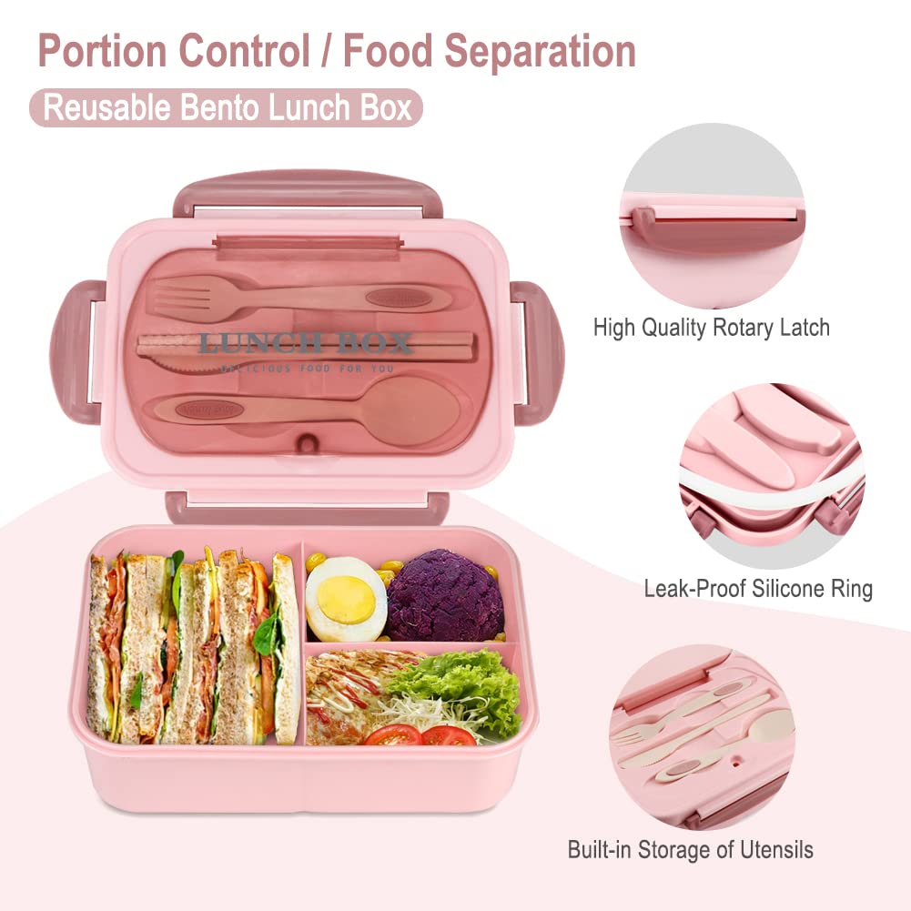 NatraProw 1200ML Bento Box for Adults - Leak Proof 3 Compartment Lunch Container with Utensils | BPA Free & Microwave Safe | Perfect for Office, School & Picnics (Pink)