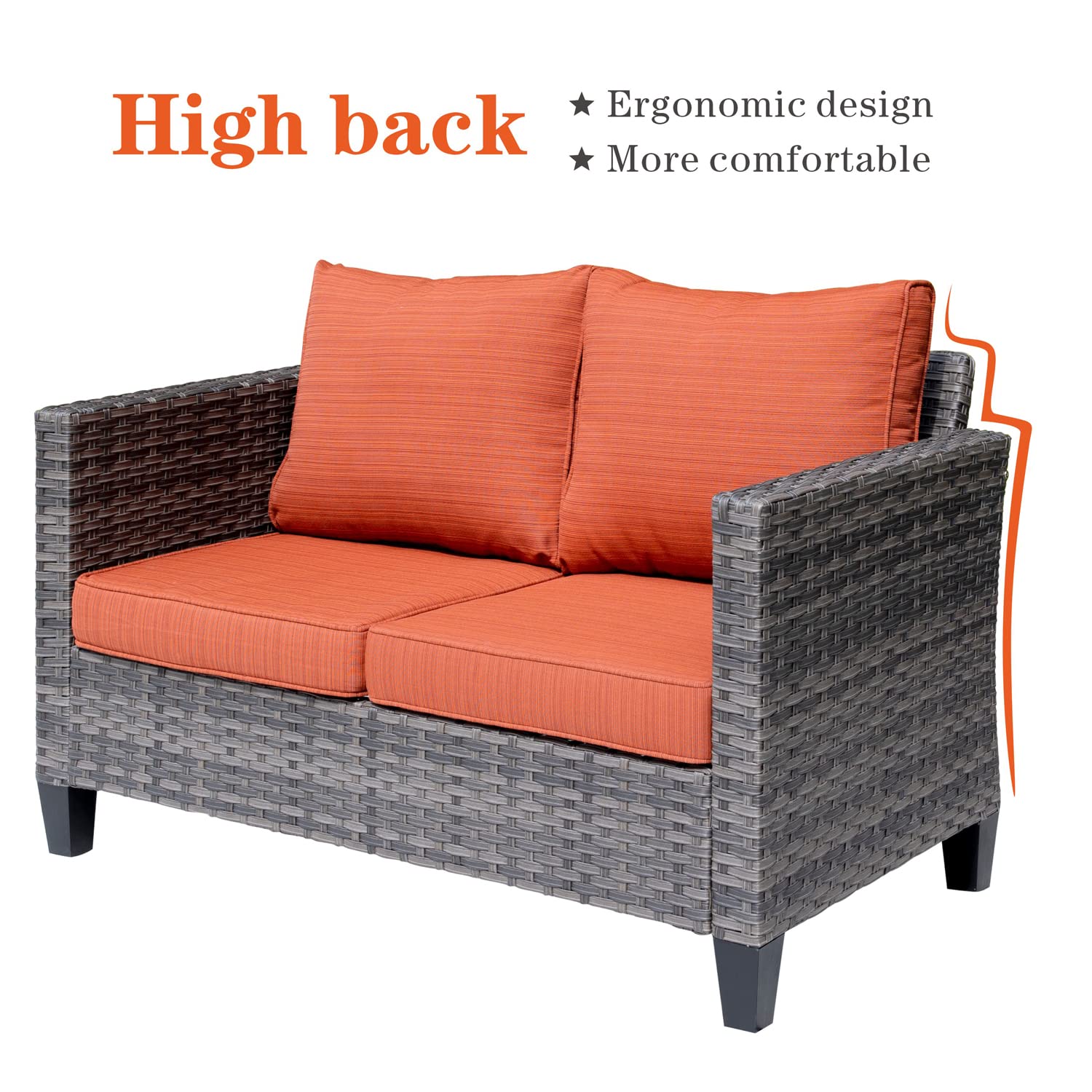 Ovios 2-Seater Outdoor Wicker Loveseat - All-Weather Rattan Patio Sofa with High Back & Deep Seat, Comfy Cushions - Perfect for Porch, Garden, Deck & Backyard Relaxation (Orange Red)