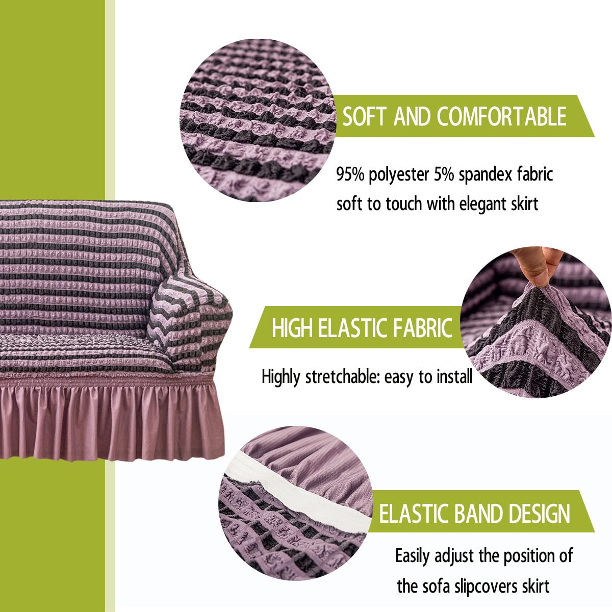 Stretch Sofa Slipcover - Washable Couch Cover with Elastic Bottom & Skirt - Furniture Protector for Sofa & Bed - Easy Fit (Striped Purple, Large) - Perfect for Living Room, Bedroom & Home Decor Protection
