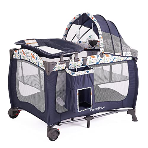 Pamo Babe Portable Baby Playpen with Wheels - Lightweight Nursery Center for Travel & Home Use - Navy Blue | Safe Play Yard for Toddlers & Infants | Indoor & Outdoor Baby Play Area