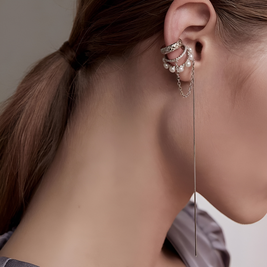 Multi Layer Pearl Chain No Piercing Tassel Ear Cuffs for Women | HE5891 | Elegant Boho Jewelry for Parties, Weddings & Everyday Wear