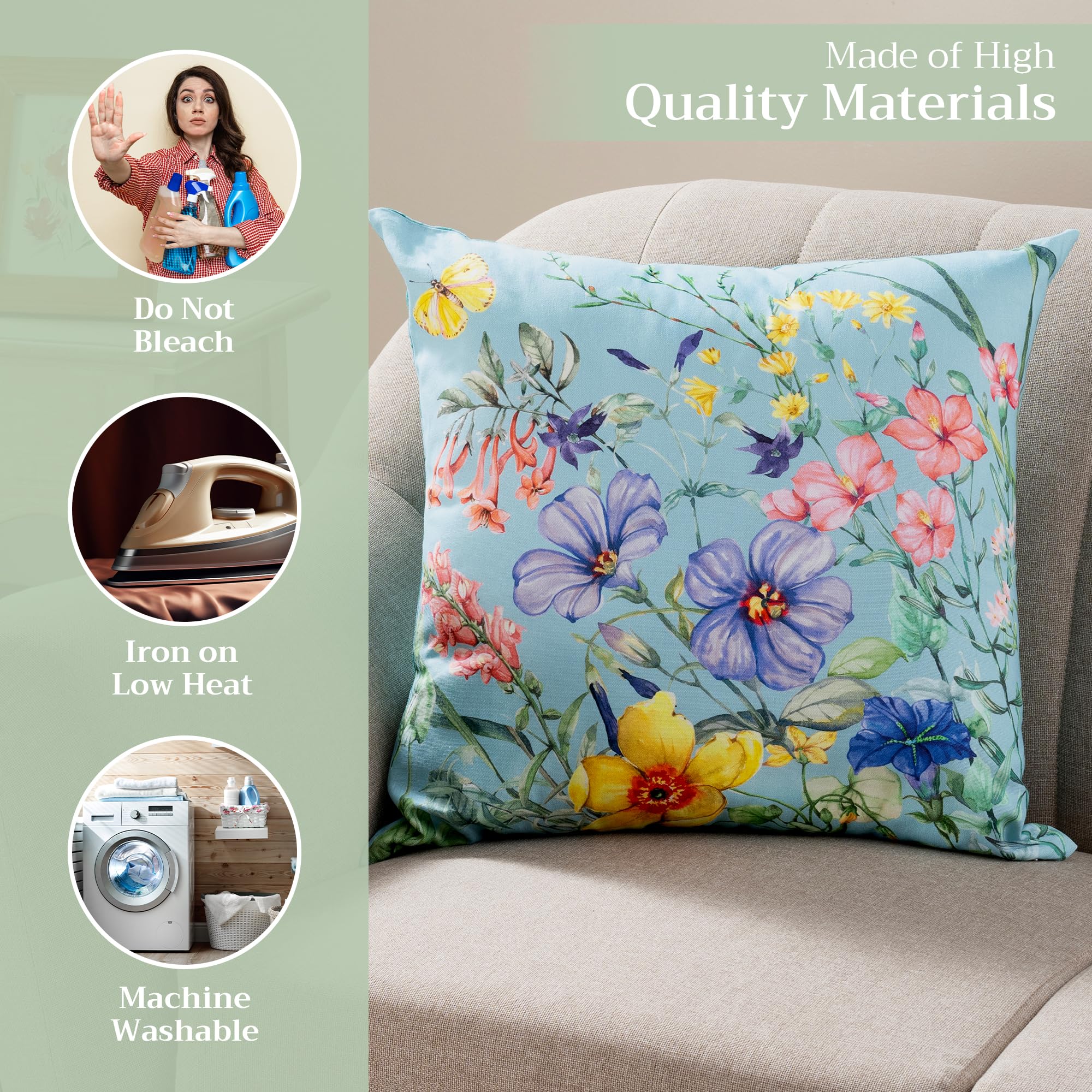 Maison d'Hermine 20x20 Inch Square Decorative Pillow Covers - 100% Cotton Throw Pillow Covers with Hidden Zipper for Sofa, Couch, Bed & Home Decor - Easter Spring Floral Design (Hesperides Fleur Pattern) - Perfect for Living Room Accent, Bedroom Styling & Seasonal Home Decoration