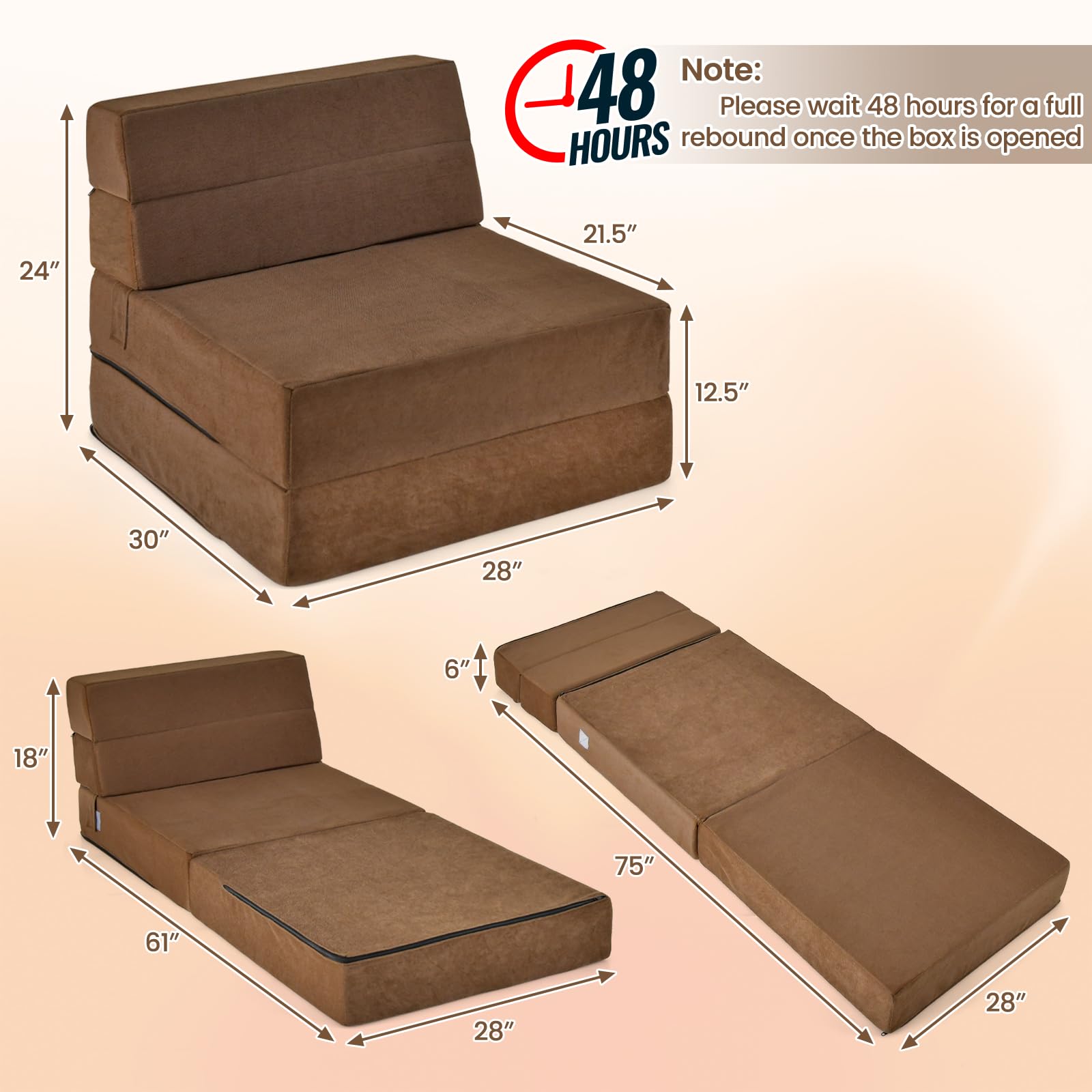Casart Tri-Fold Sofa Bed - Portable Folding Foam Sleeper with Washable Cover, Guest Chaise Lounge & Padded Cushion - Coffee Color - Perfect for Small Spaces, Guest Rooms & Apartments