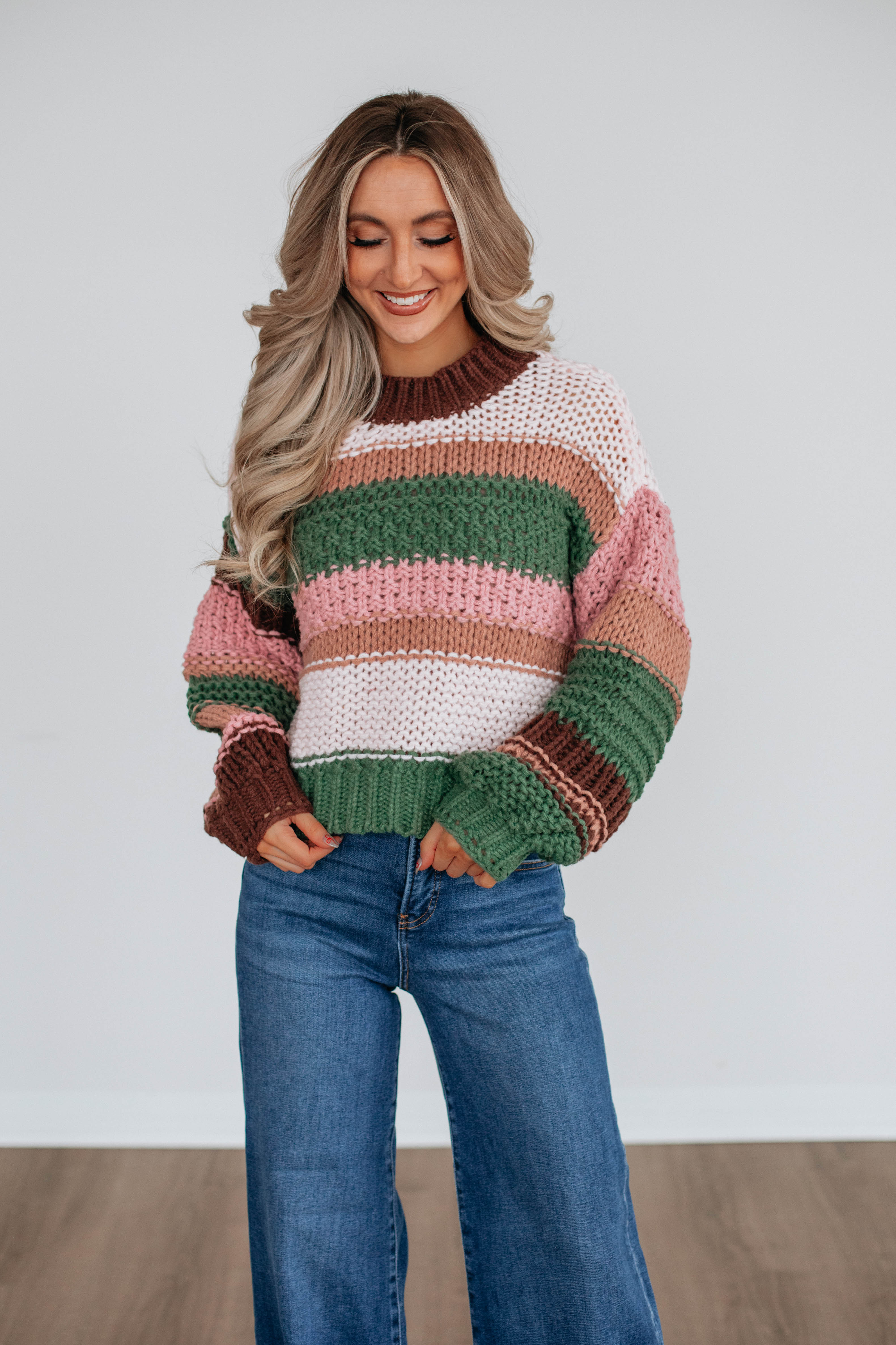 Celia Colorblock Sweater for Women | Trendy Basil Green & White Knit Pullover | Cozy Winter Fashion for Casual Outings & Office Wear