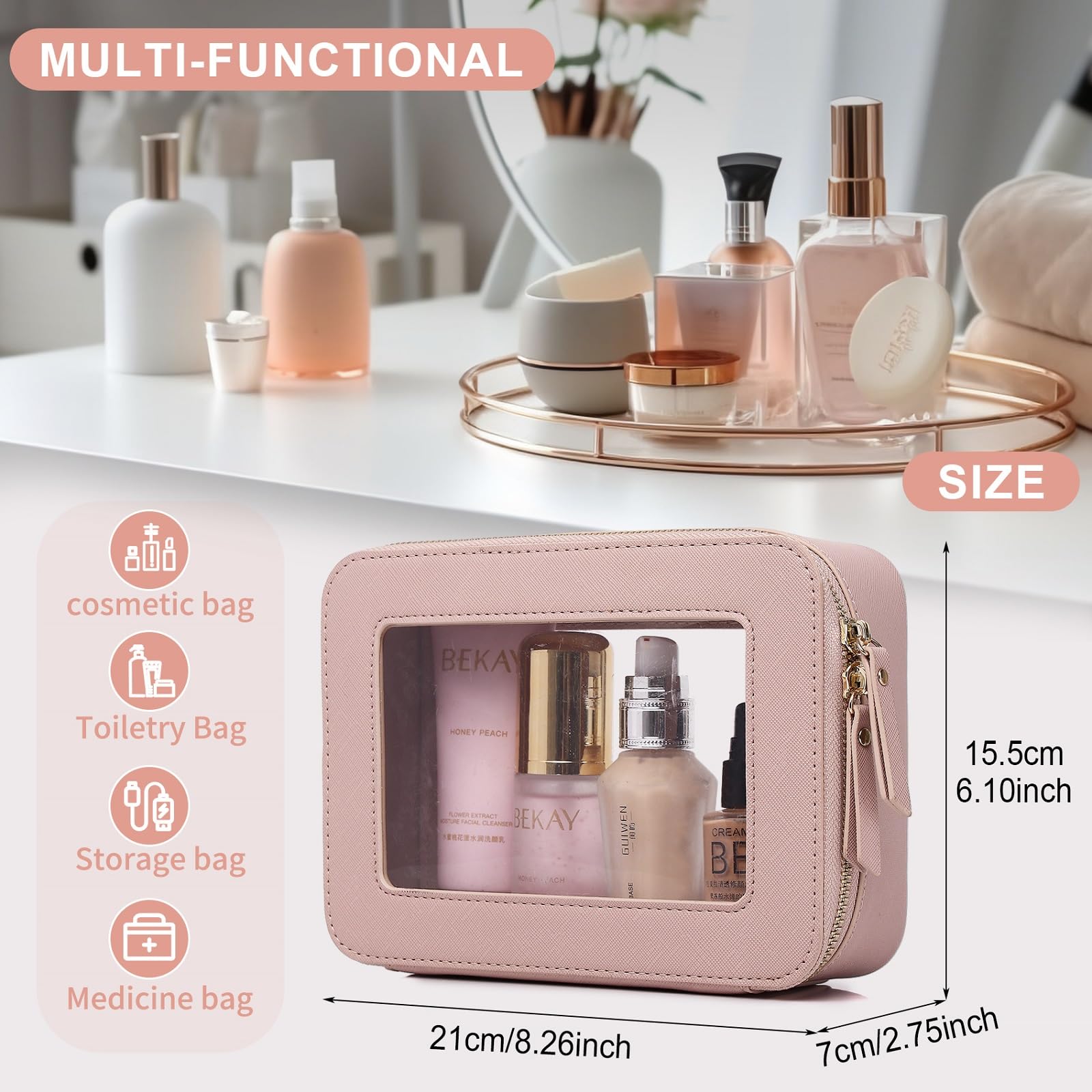 Clear Makeup Bag for Women Waterproof Travel Cosmetics Toiletries Case Portable Makeup Organizer with Zipper Pink Medium Size for Gym Beach Vacation