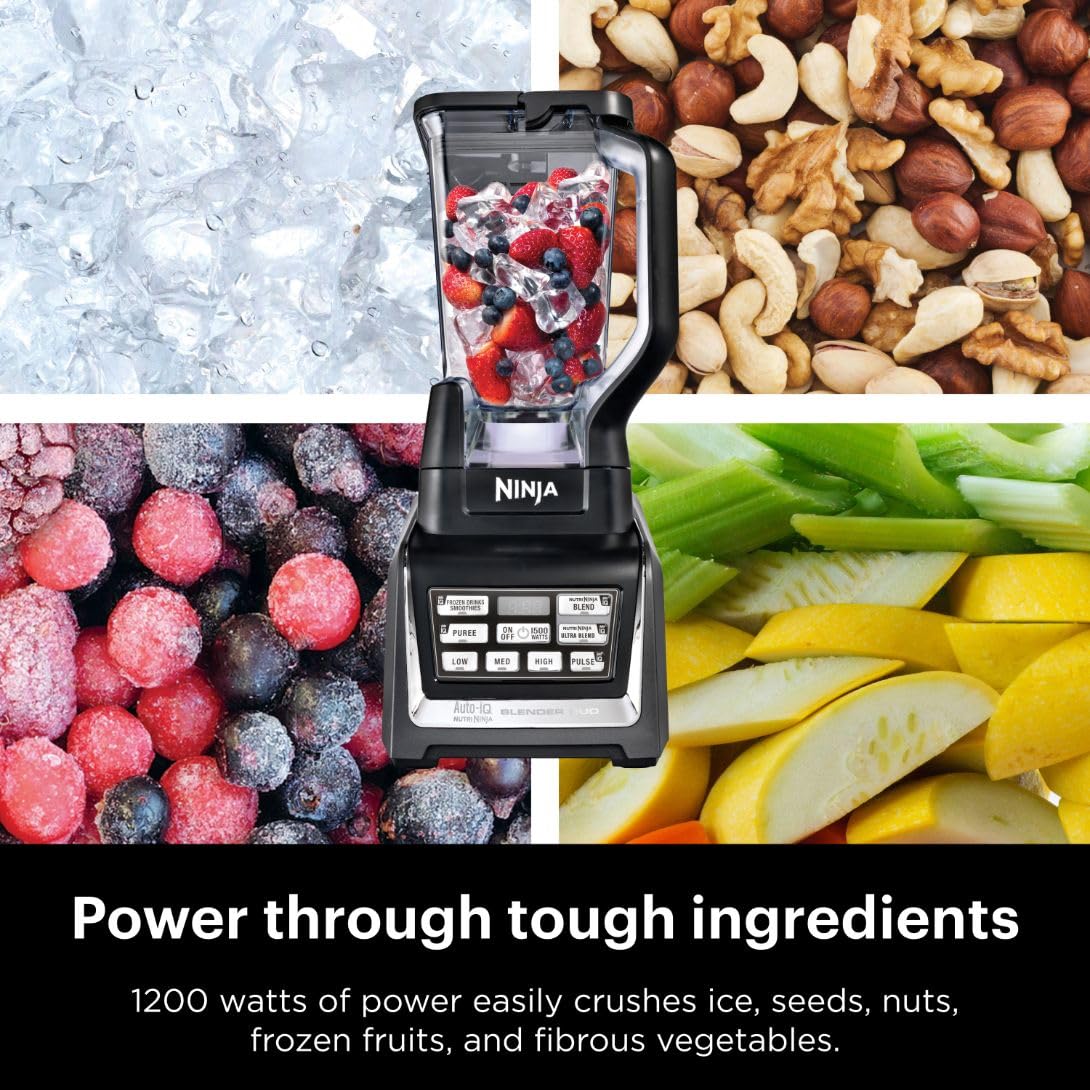 Ninja BL642 Nutri Ninja 1200W Auto-iQ Blender with 72oz Pitcher & To-Go Cups (18/24/32oz) - Perfect for Smoothies, Protein Shakes, Meal Prep & Frozen Drinks - Dishwasher Safe Countertop Blender for Home, Gym & Office Use - Black