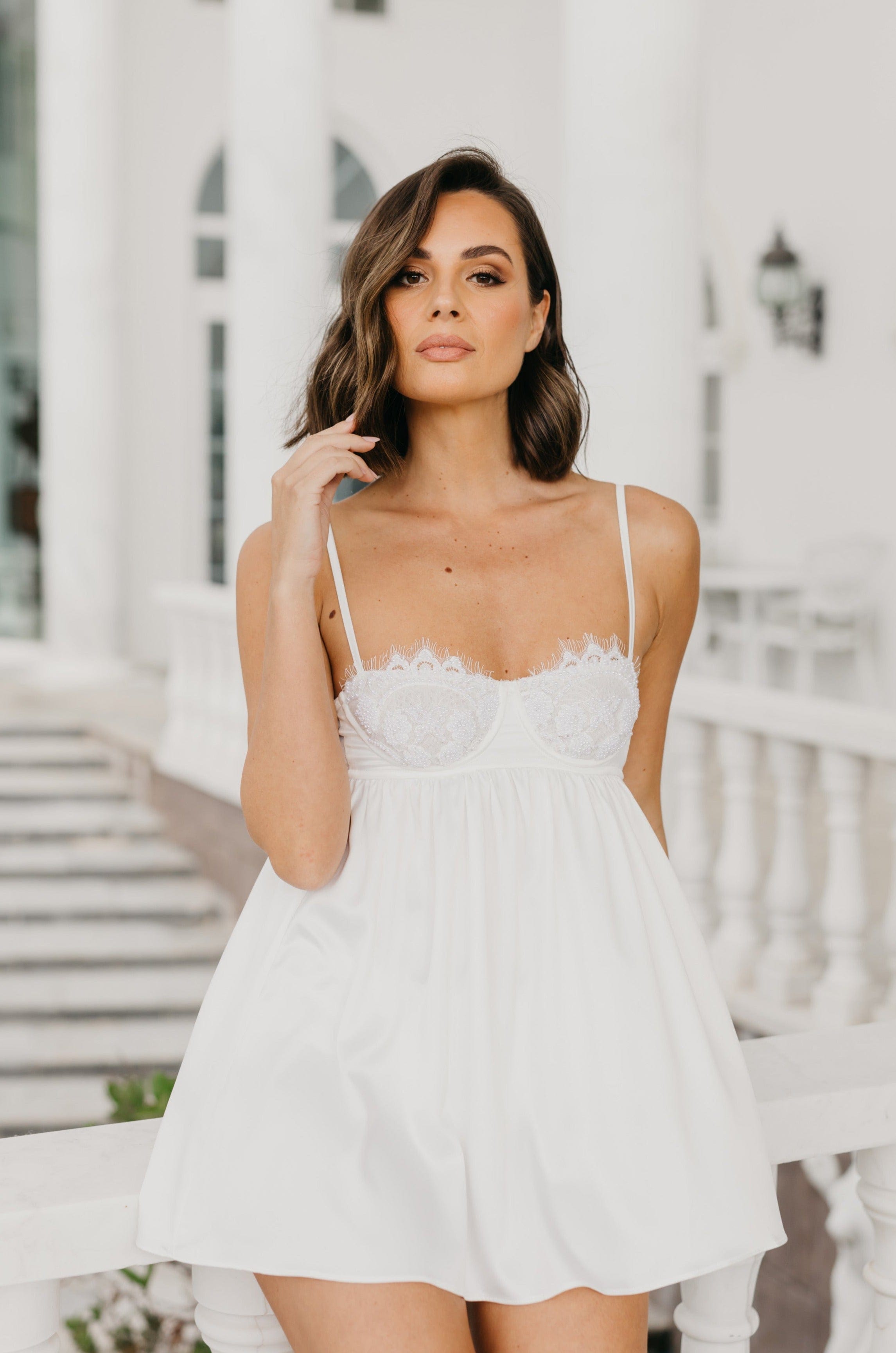 Harper Hand Beaded Pearl Satin Babydoll Slip Nightgown - Elegant Lingerie for Women, Romantic Sleepwear, Valentine's Gift Idea for Her (Perfect for Anniversary, Honeymoon & Special Occasions)