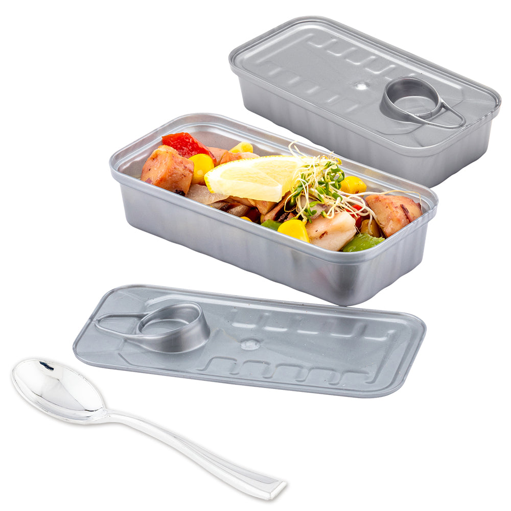 100 Pack 2 oz Rectangle Silver Plastic Tin Cans with 100 Silver Mini Spoons - Perfect for DIY Crafts, Party Favors, Wedding Decorations, and Small Gift Packaging
