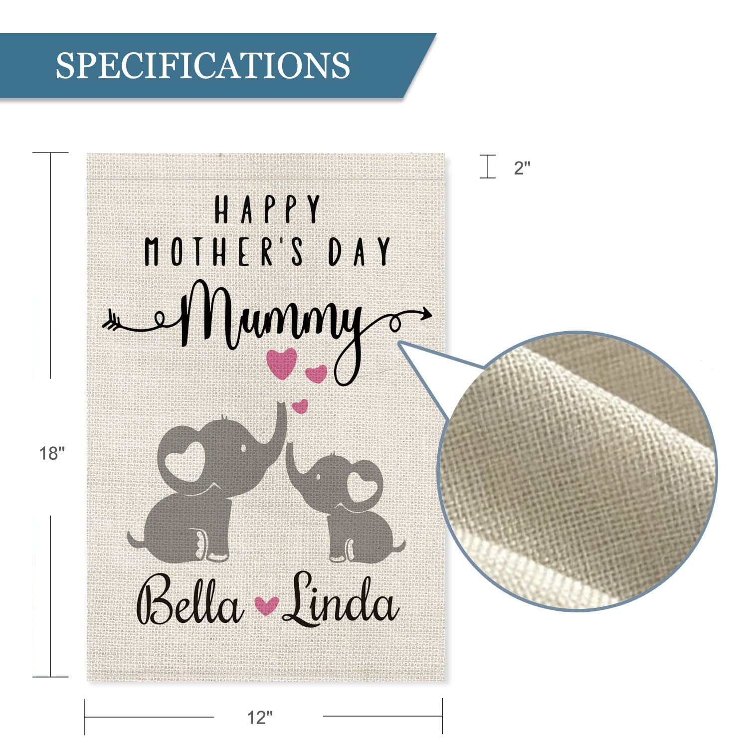 Personalized Mother's Day Garden Flag - Custom Name Elephant Design for Mom & Daughter - Double Sided 12x18 Inch Rustic Farmhouse Burlap Outdoor Decoration - Perfect for Yard, Porch, and Garden Decor