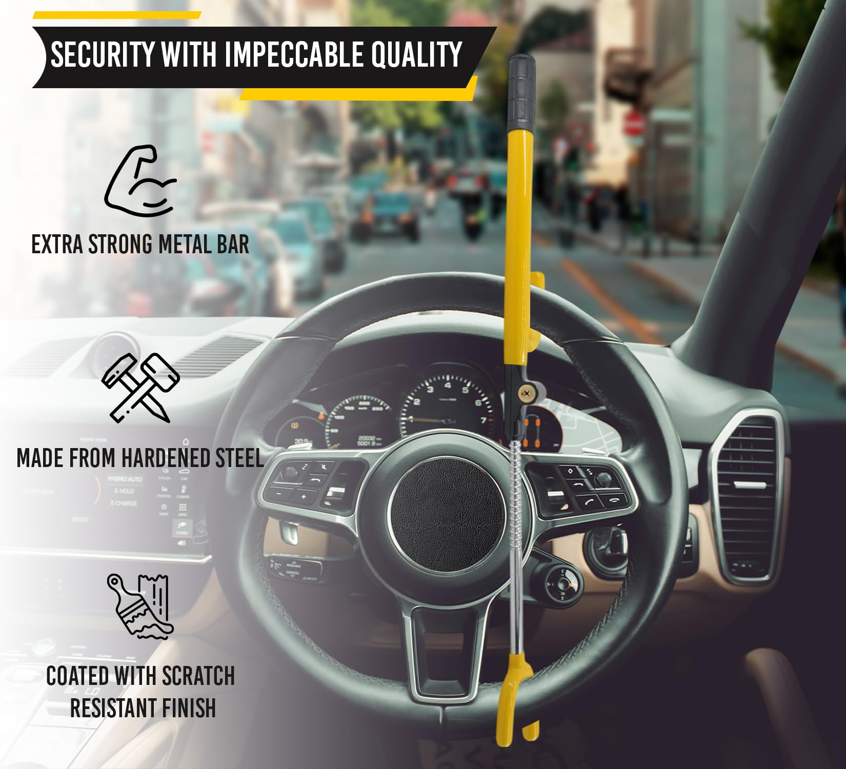 Ultra Secure Anti-Theft Car Steering Wheel Lock - No Scratch Dual Hooks & Double Metal Bars for Cars & Trucks | Perfect for Parking Security & Vehicle Protection