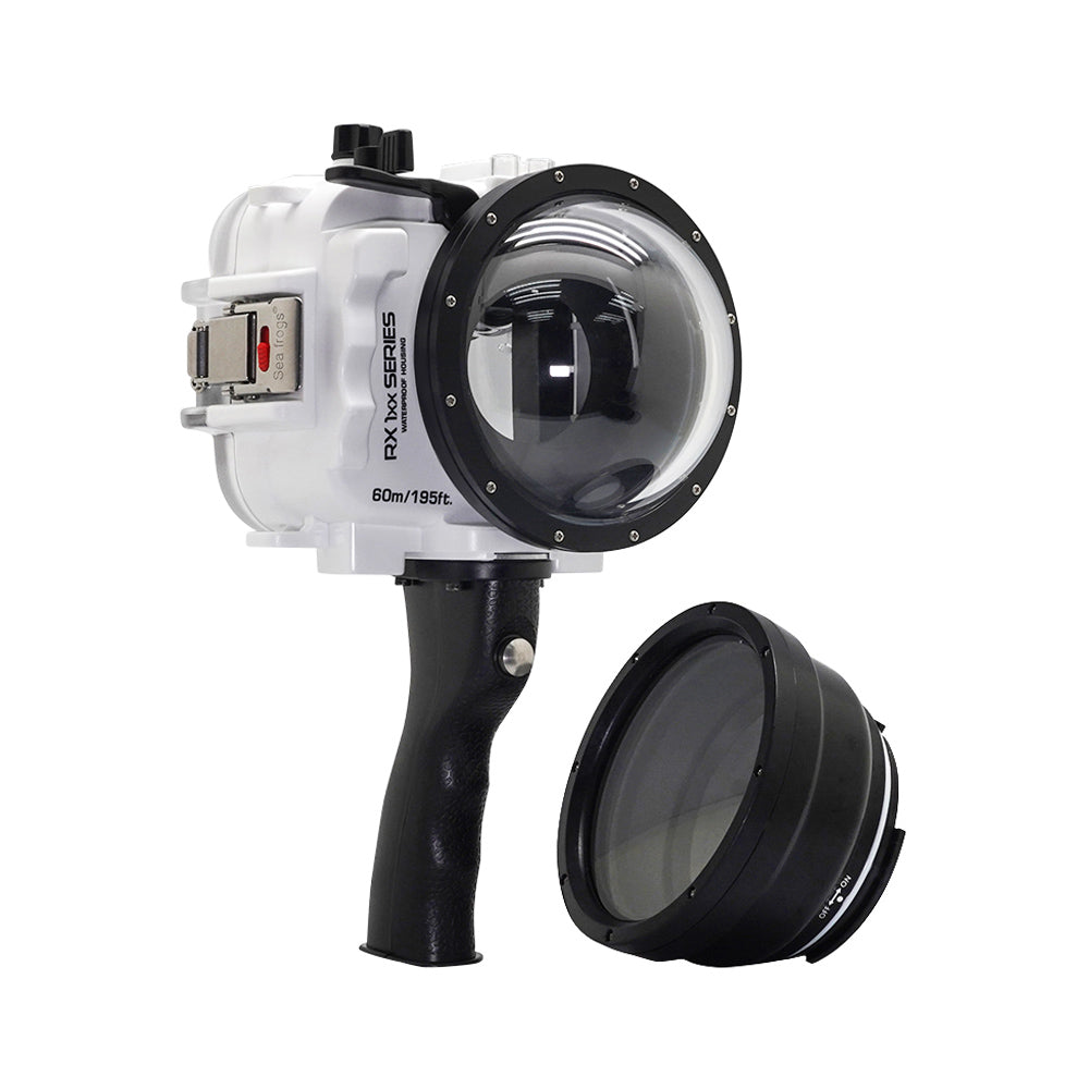 Waterproof Housing for Sony RX1xx Series Cameras - 60M/195FT Depth Rating, Salted Line with Pistol Grip & 4 Dry Dome Port (White) | Perfect for Underwater Photography, Scuba Diving, and Marine Exploration