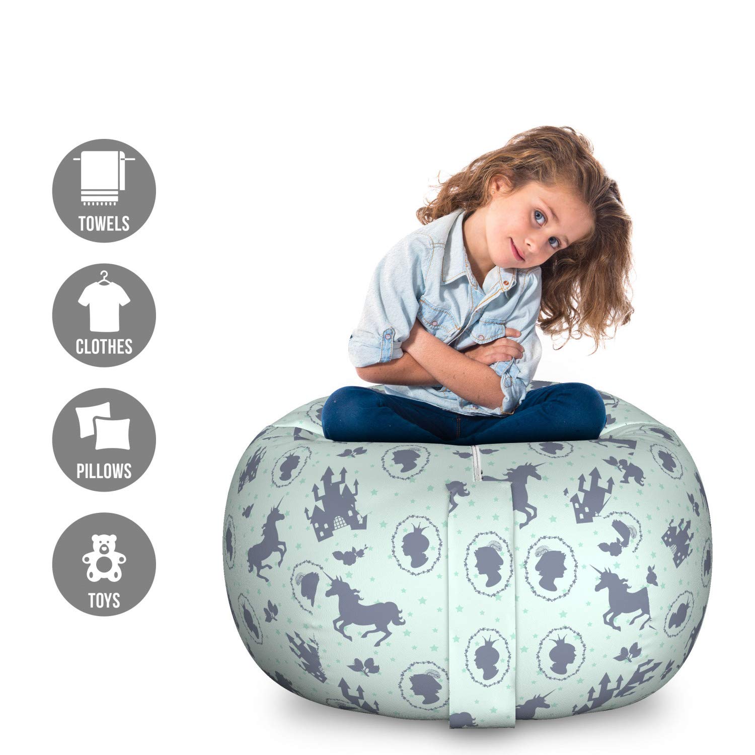 Ambesonne Fairy Tale Storage Toy Bag Chair - Silhouette Castle Prince & Unicorn Design - Large Washable Stuffed Animal Organizer in Purple-Blue Mint Green | Kids' Room Decor & Playroom Storage Solution