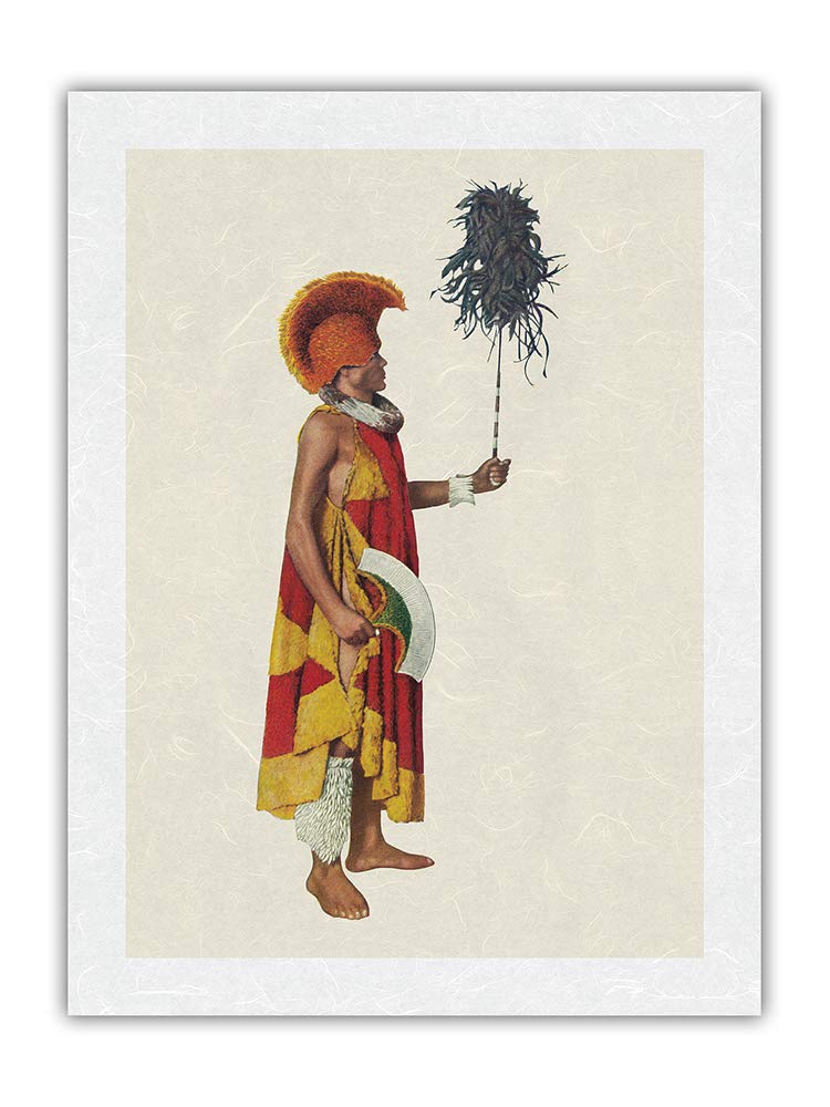 Vintage 1924 Hawaiian Chieftain (Ali'I) Cultural Art Print - Feathered Robes, Helmet & Shark Teeth Anklet - 17x22 in Premium Unryu Rice Paper - Perfect for Home Decor, Office Wall Art & Hawaiian Culture Enthusiasts