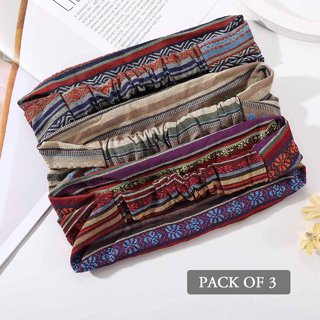 Boho Wide Headbands for Women - Stretchy African Turban Head Wraps, Striped Hairbands (Pack of 3) - Perfect for Yoga, Workouts, and Everyday Fashion Accessories
