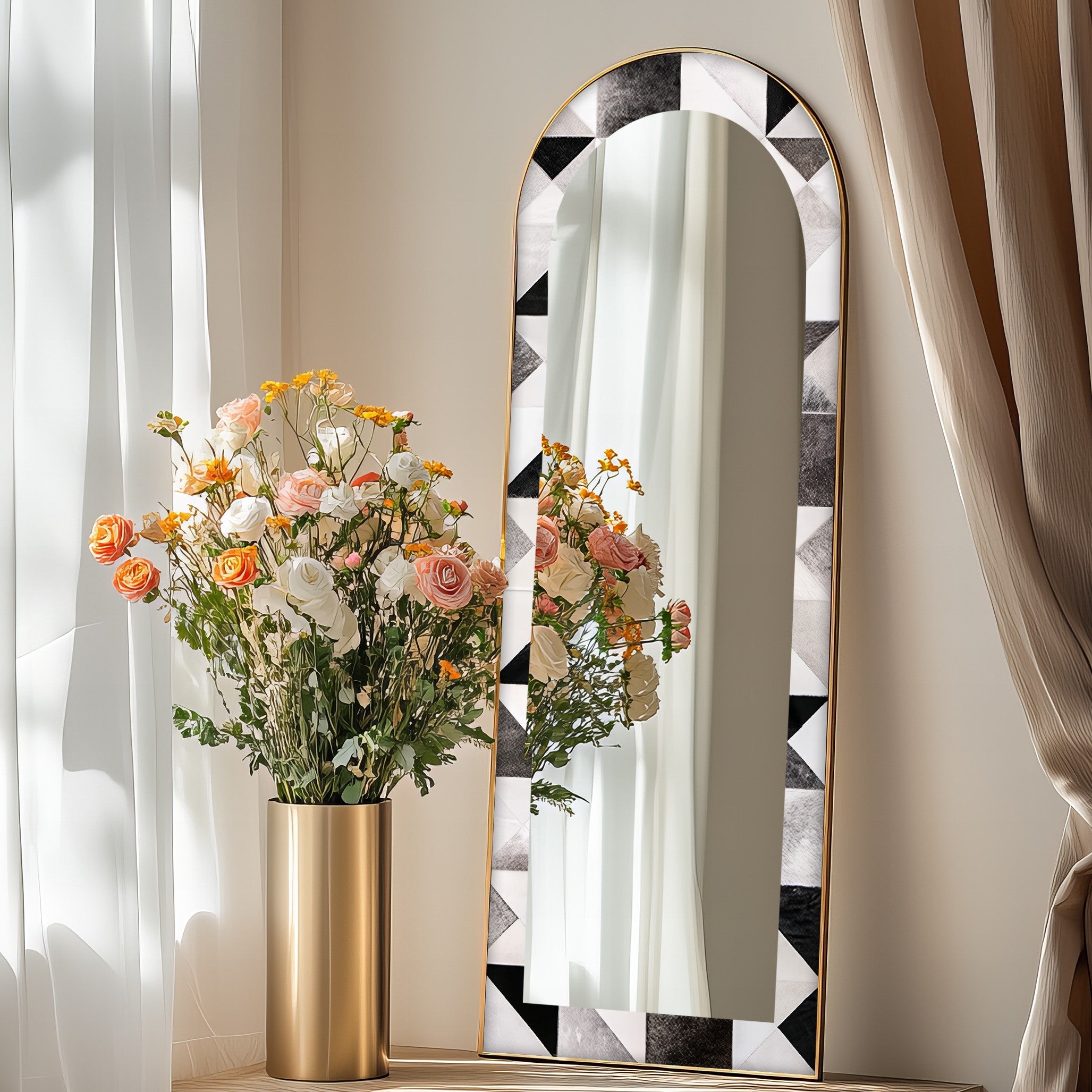 Black and White Patchwork Arch Floor Mirror - Full Length Standing Mirror for Bedroom, Living Room & Entryway Decor