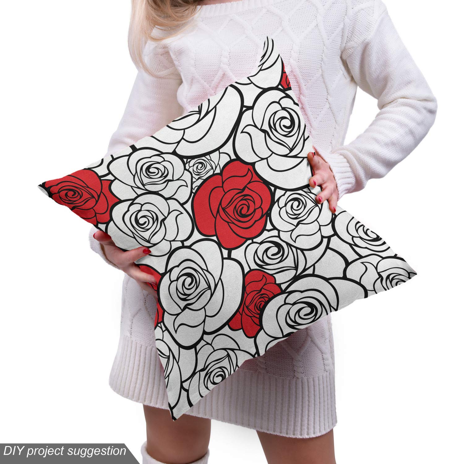 Ambesonne Romantic Roses Simplicity Love Blossoms Valentines Day Print Fabric by The Yard - 10 Yards Vermilion Black White Upholstery & Home Decor Fabric for DIY Projects, Curtains, Pillows, Table Runners & Crafting