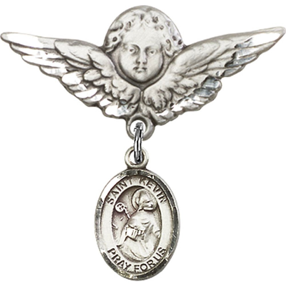 Sterling Silver Baby Badge with St. Kevin Charm & Angel Wing Pin - 1 1/8