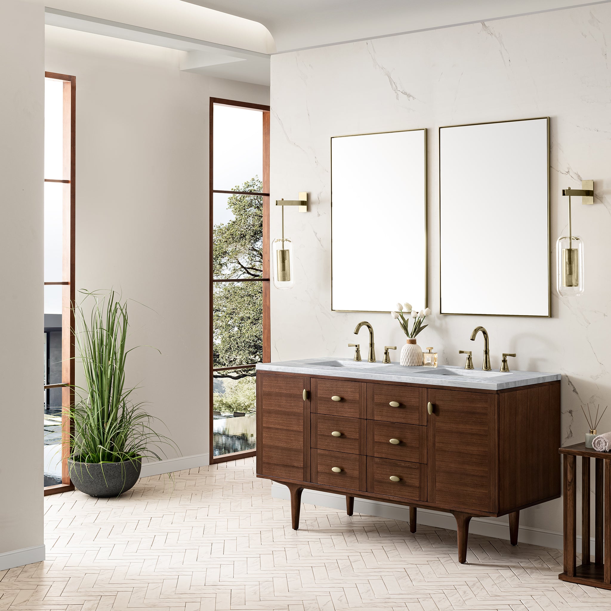 Amberly 60 Inch Double Bathroom Vanity with 3CM Arctic Fall Quartz Top - Mid Century Modern Walnut Design for Master Bathroom & Powder Room Remodel