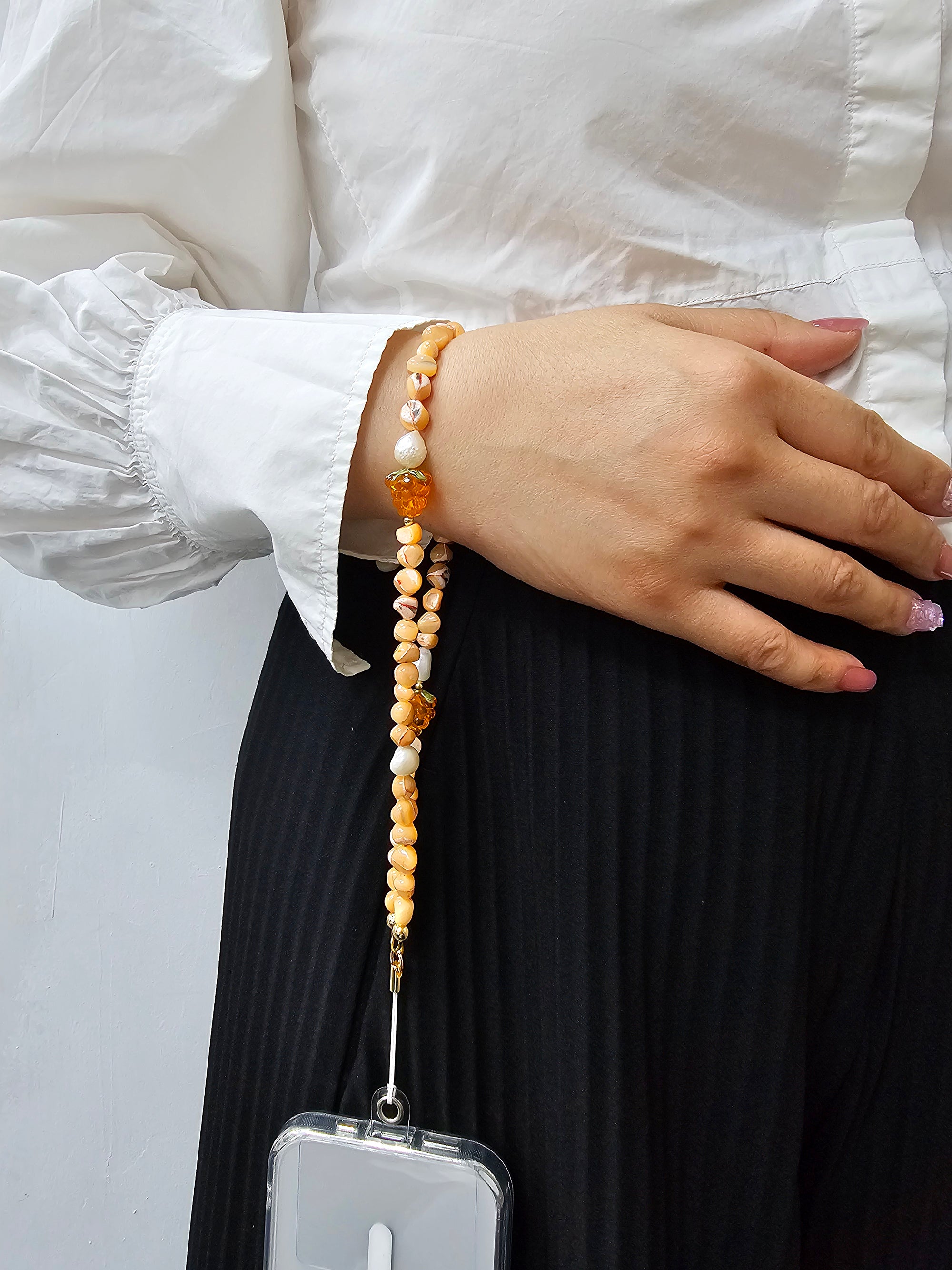 Orange Shell with Raspberry and Pearls Phone Strap PC015 - Stylish Phone Accessory for Women, Trendy Phone Lanyard for iPhone Samsung Android, Perfect for Daily Use, Travel, and Gifts