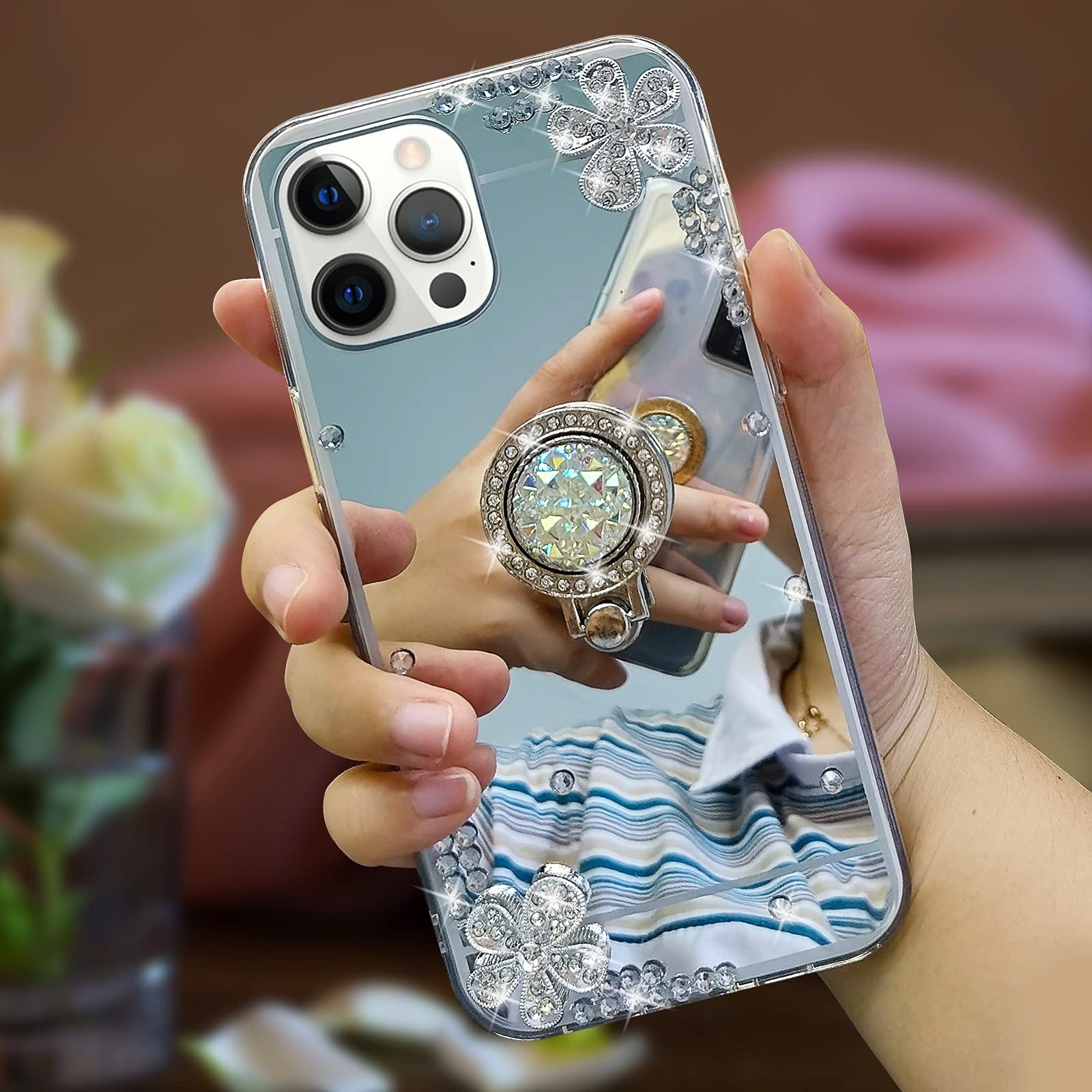 Luxury Bling Glitter iPhone 12 Pro Max Case with Mirror & Diamond Ring Stand - Cute Girly Phone Cover for Women & Girls (Silver) | Perfect for Makeup Touch-ups, Selfies & Secure Grip